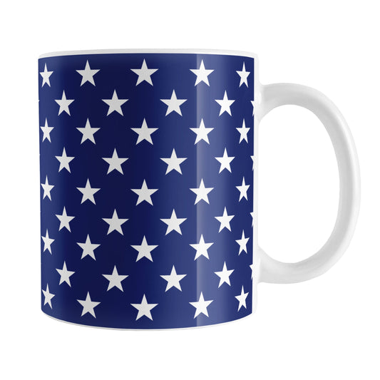 Patriotic White Stars on Blue Mug (11oz) at Amy's Coffee Mugs. A ceramic coffee mug with white stars in a pattern over a blue background that wraps around the mug up to the handle. It's been design for 4th of July (Independence Day) celebrations and everyday use.