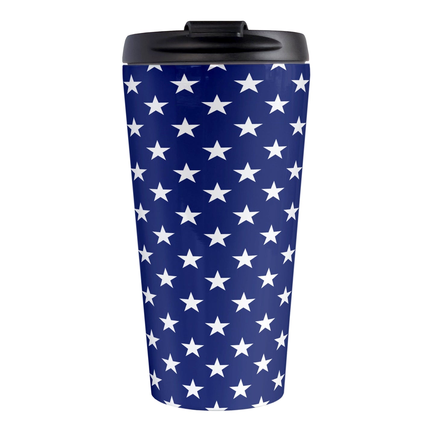 Patriotic White Stars on Blue Travel Mug (15oz) at Amy's Coffee Mugs. A stainless steel travel mug with white stars in a pattern over a blue background that wraps around the travel mug. It's been design for 4th of July (Independence Day) celebrations and everyday use.