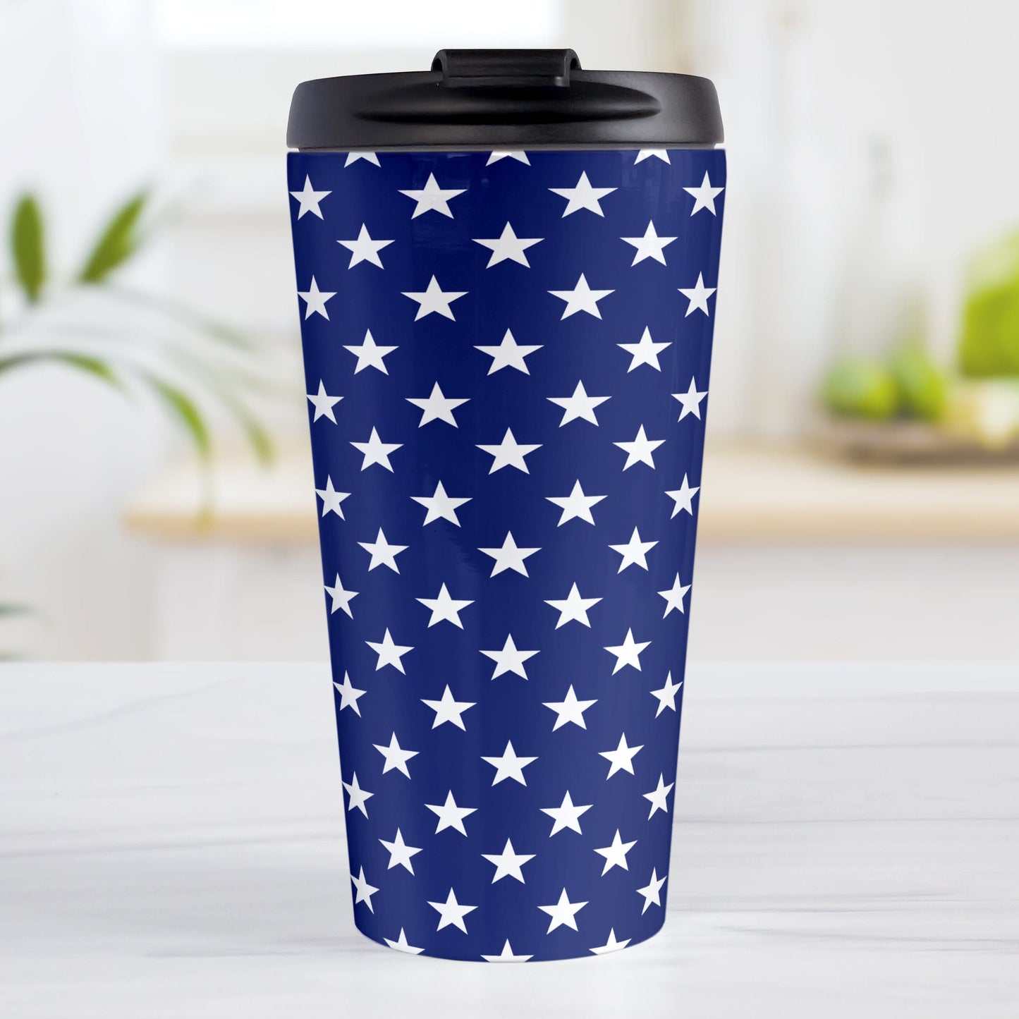 Patriotic White Stars on Blue Travel Mug (15oz) at Amy's Coffee Mugs. A stainless steel travel mug with white stars in a pattern over a blue background that wraps around the travel mug. It's been design for 4th of July (Independence Day) celebrations and everyday use.