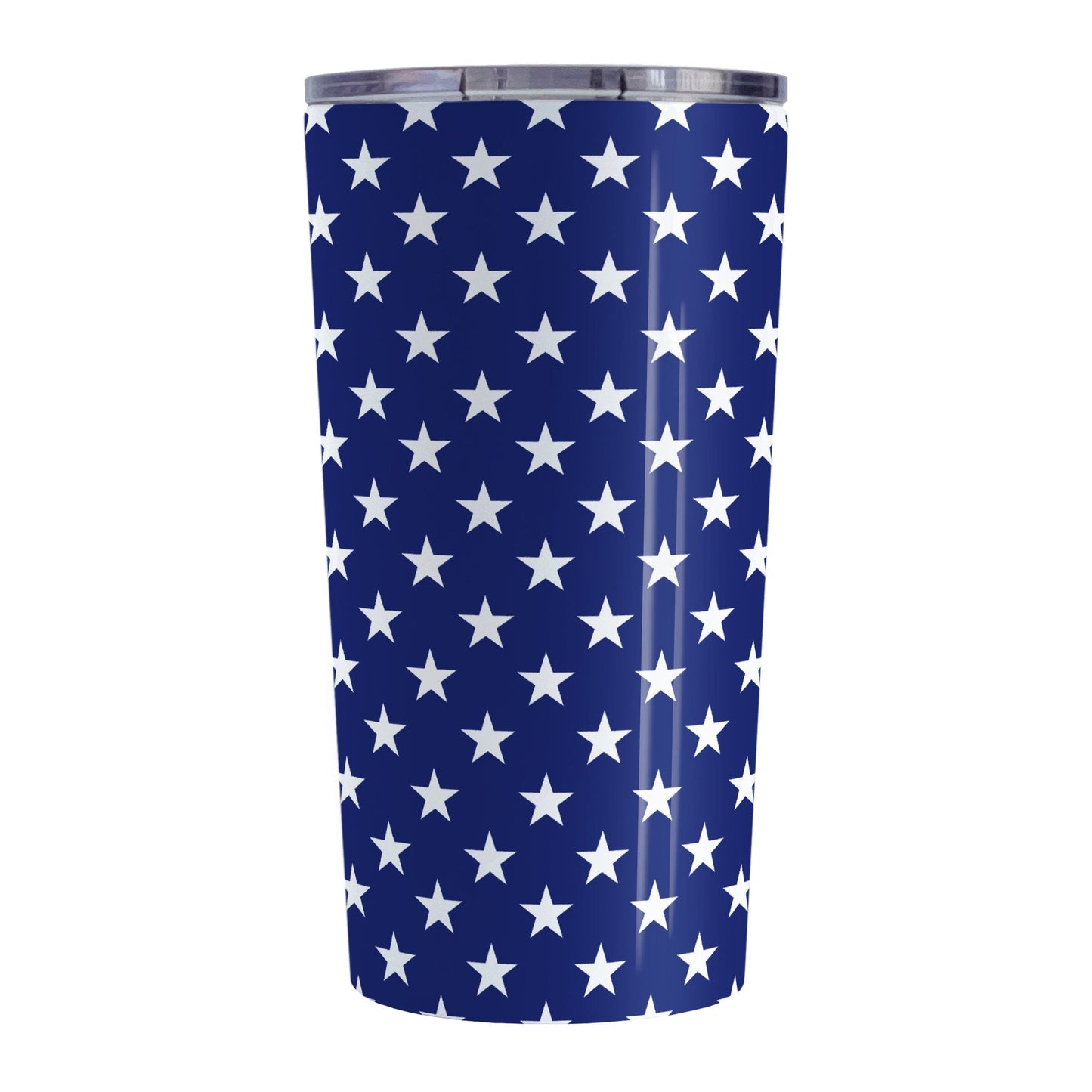 Patriotic White Stars on Blue Tumbler Cup (20oz) at Amy's Coffee Mugs. A stainless steel tumbler cup with white stars in a pattern over a blue background that wraps around the cup. It's been design for 4th of July (Independence Day) celebrations and everyday use.