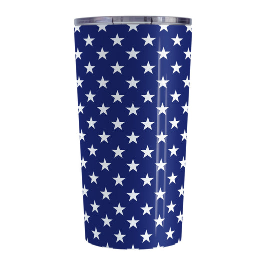 Patriotic White Stars on Blue Tumbler Cup (20oz) at Amy's Coffee Mugs. A stainless steel tumbler cup with white stars in a pattern over a blue background that wraps around the cup. It's been design for 4th of July (Independence Day) celebrations and everyday use.