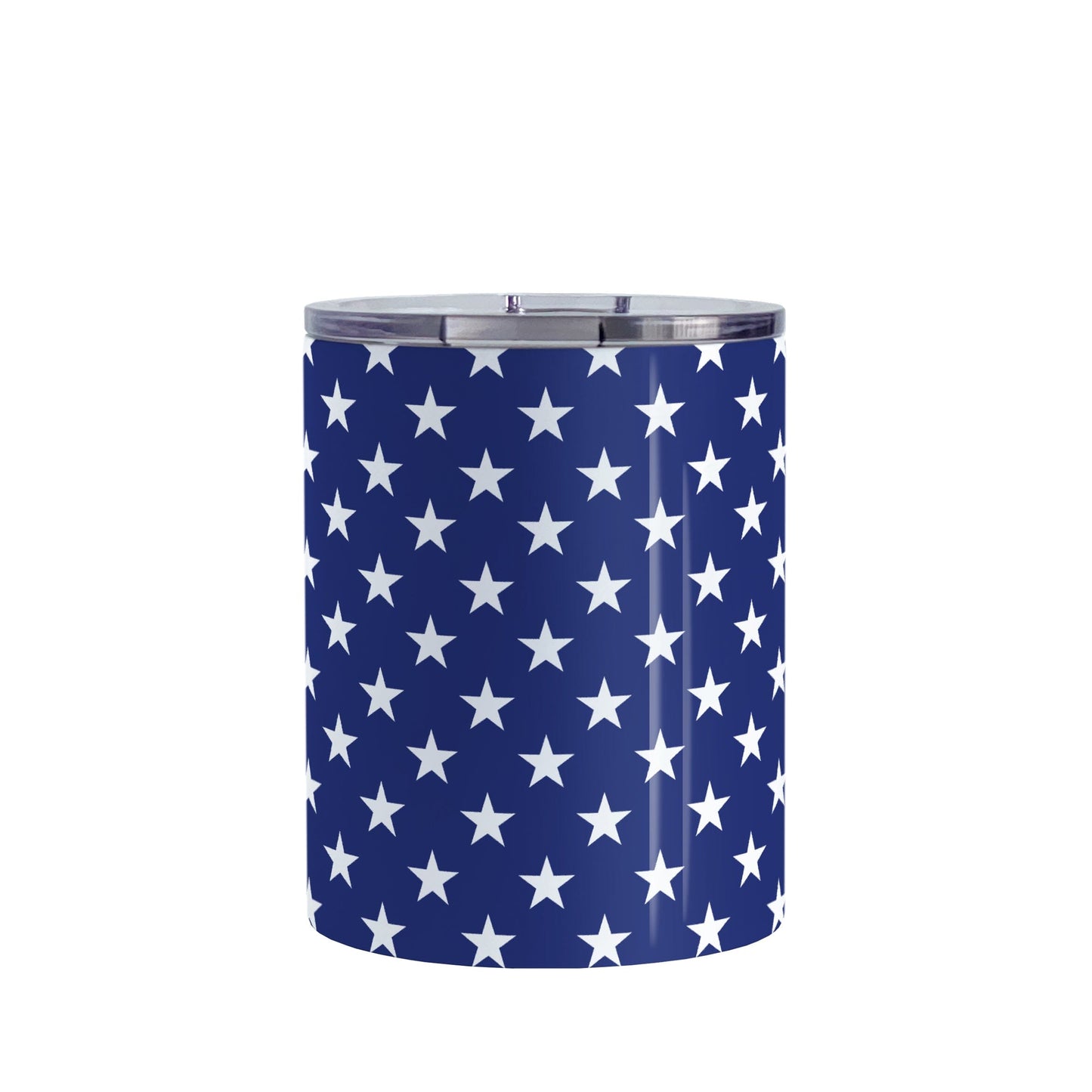 Patriotic White Stars on Blue Tumbler Cup (10oz) at Amy's Coffee Mugs. A stainless steel tumbler cup with white stars in a pattern over a blue background that wraps around the cup. It's been design for 4th of July (Independence Day) celebrations and everyday use.