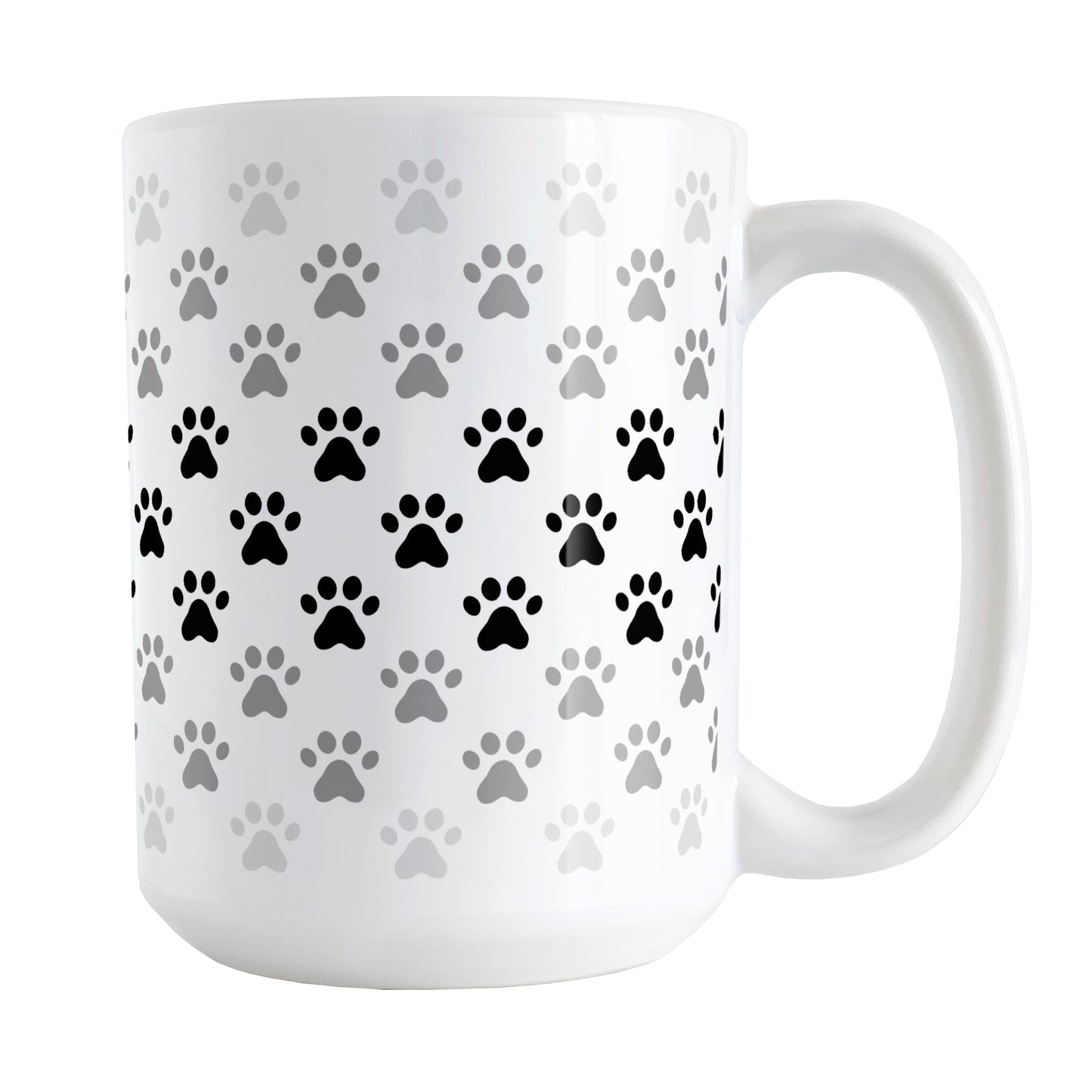 Paw Prints in Black Mug (15oz) at Amy's Coffee Mugs. A ceramic coffee mug designed with paw prints in different shades of black and gray, with black across the middle and a lighter gray along the top and bottom, in a pattern that wraps around the mug to the handle.