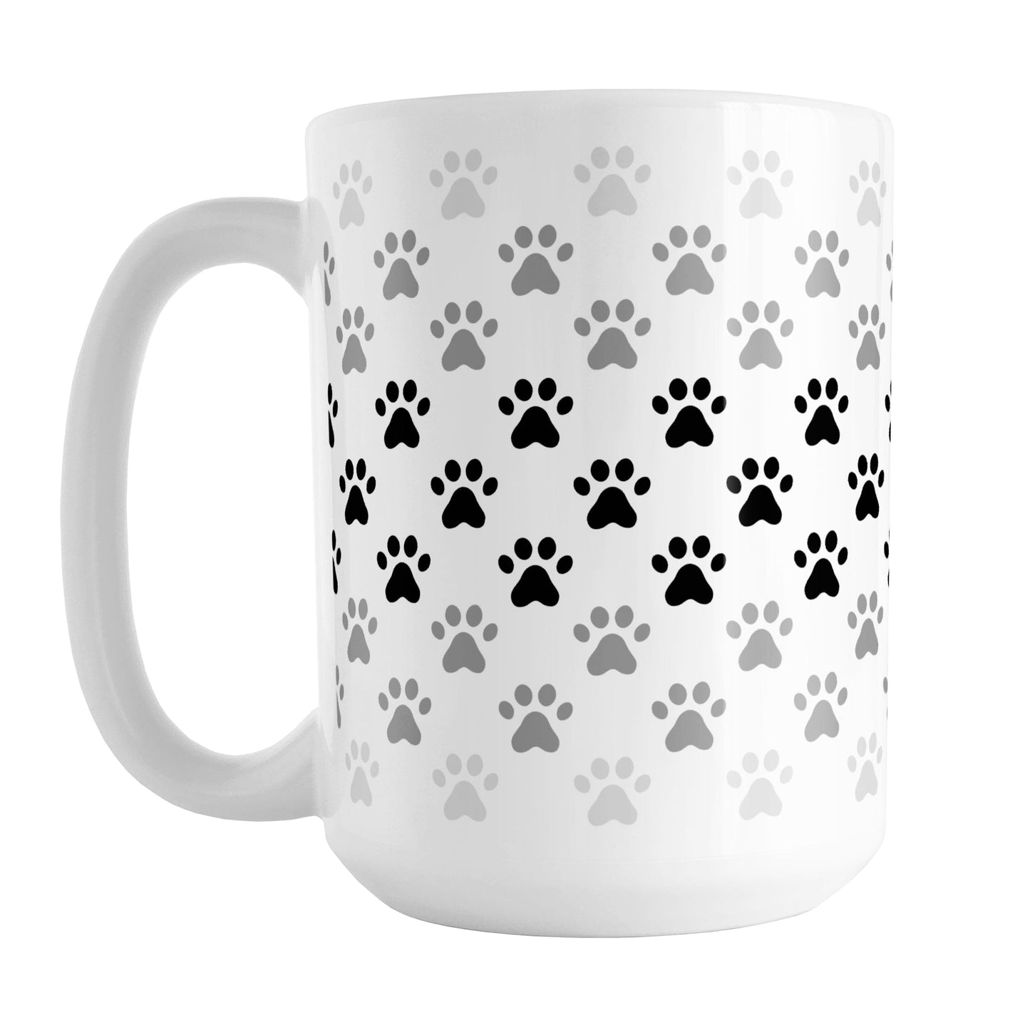 Paw Prints in Black Mug (15oz) at Amy's Coffee Mugs. A ceramic coffee mug designed with paw prints in different shades of black and gray, with black across the middle and a lighter gray along the top and bottom, in a pattern that wraps around the mug to the handle.