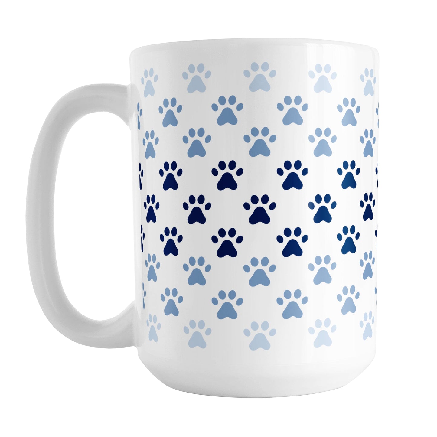 Paw Prints in Blue Mug (15oz) at Amy's Coffee Mugs. A ceramic coffee mug designed with paw prints in different shades of blue, with the darker blue color across the middle and the lighter blue along the top and bottom, in a pattern that wraps around the mug to the handle.