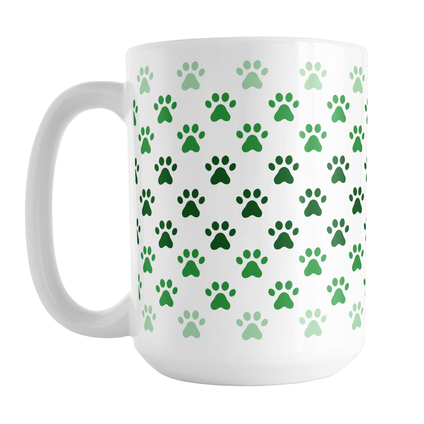 Paw Prints in Green Mug (15oz) at Amy's Coffee Mugs. A ceramic coffee mug designed with paw prints in different shades of green, with the darker green color across the middle and the lighter green along the top and bottom, in a pattern that wraps around the mug to the handle.