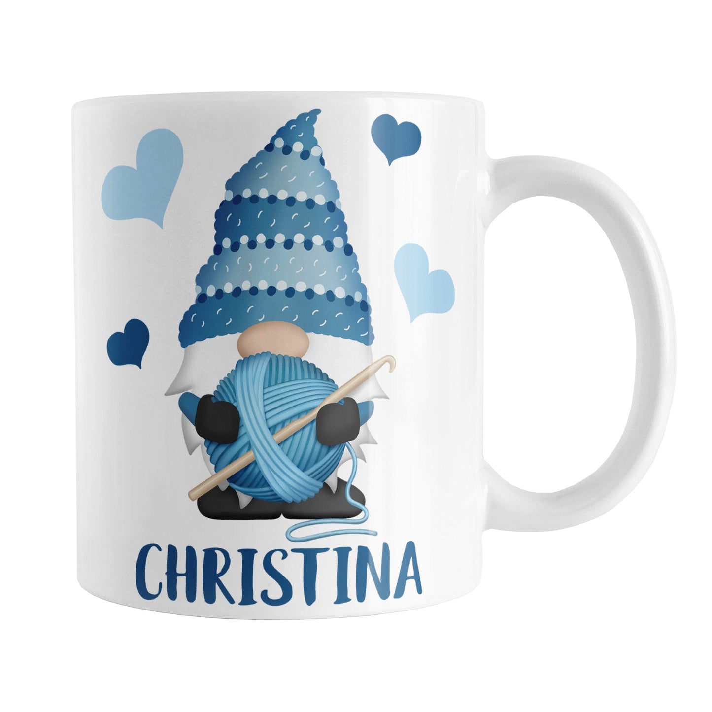 Personalized Blue Crochet Gnome Mug (11oz) at Amy's Coffee Mugs. A ceramic coffee mug designed with a cute gnome wearing a blue crochet hat while holding a ball of blue yarn and a crochet hook with blue hearts around him. Your name is printed in a fun blue font below the gnome. This adorable illustration and personalization is on both sides of the mug.