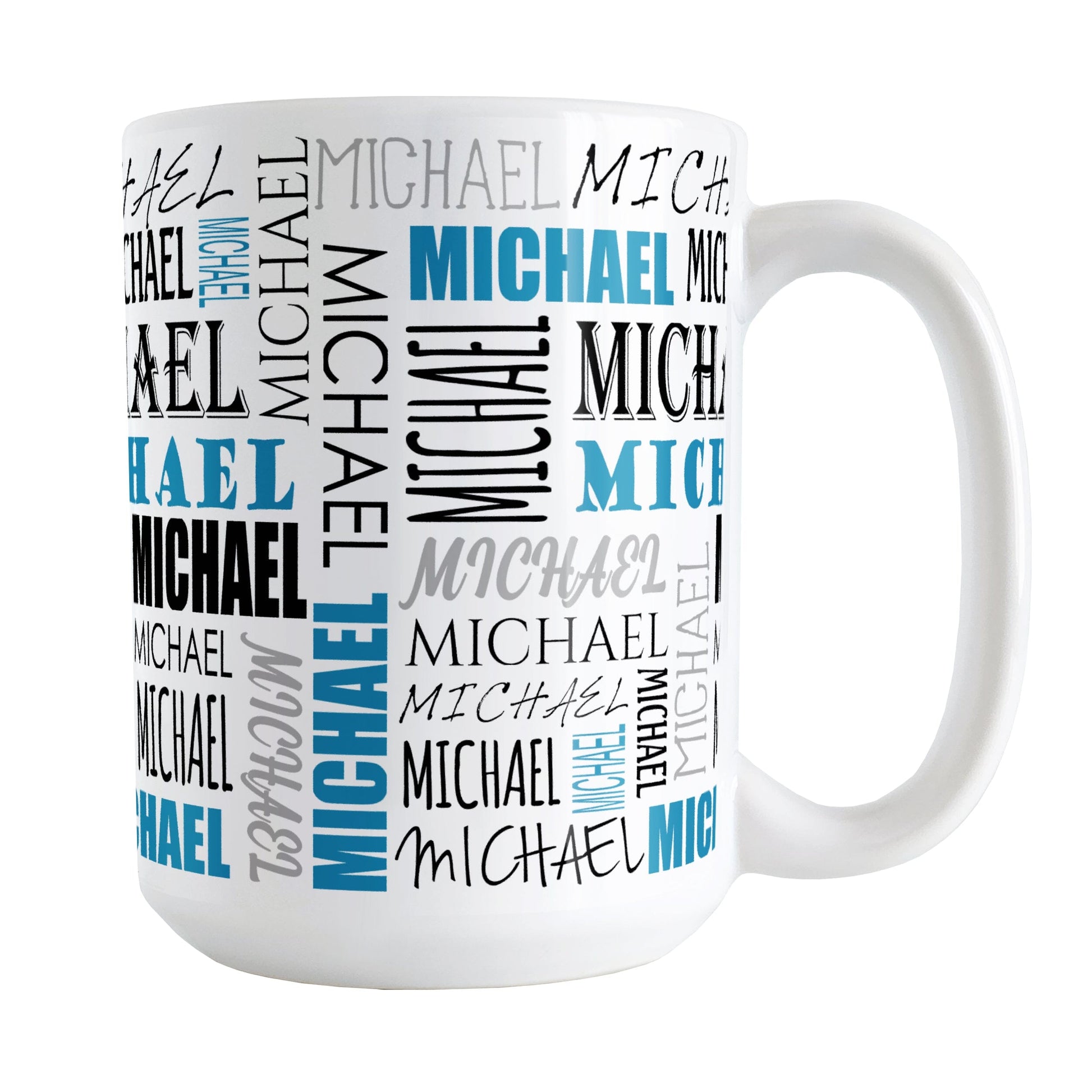 Personalized Blue Name Collage Mug (15oz) at Amy's Coffee Mugs. A ceramic coffee mug designed with your personalized medium-length name in different fonts, running both horizontally and vertically in blue, black, and gray, in a pattern that wraps around the mug up to the handle.