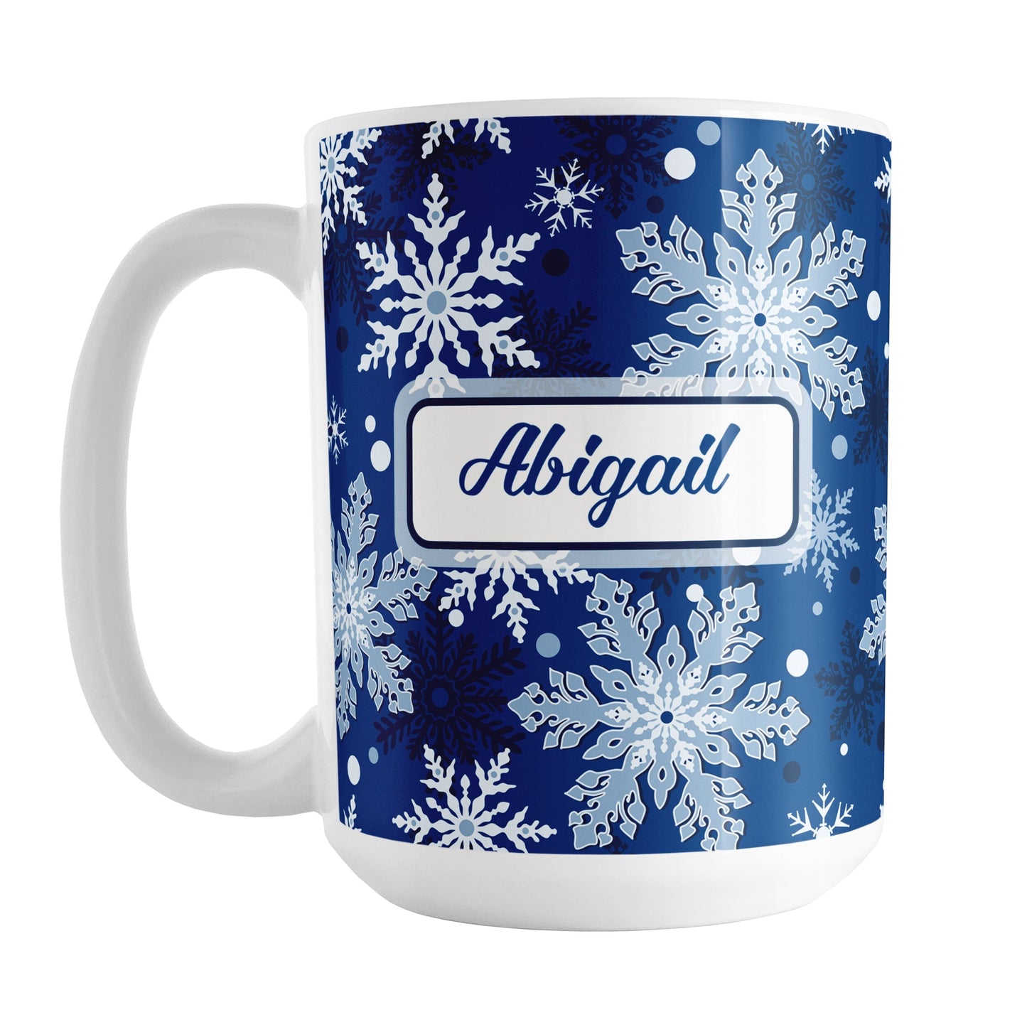 Personalized Classic Blue Snowflake Winter Mug (15oz) at Amy's Coffee Mugs. A ceramic coffee mug designed with a pattern of different shades of blue snowflakes over a classic blue background color that wraps around the mug to the handle. Your name is custom printed in a blue script font on both sides of the mug.