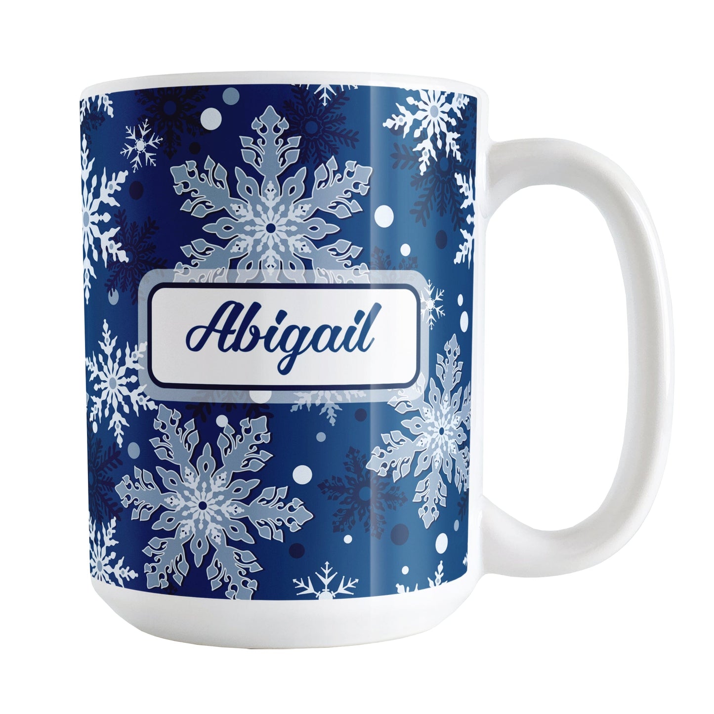 Personalized Classic Blue Snowflake Winter Mug (15oz) at Amy's Coffee Mugs. A ceramic coffee mug designed with a pattern of different shades of blue snowflakes over a classic blue background color that wraps around the mug to the handle. Your name is custom printed in a blue script font on both sides of the mug.