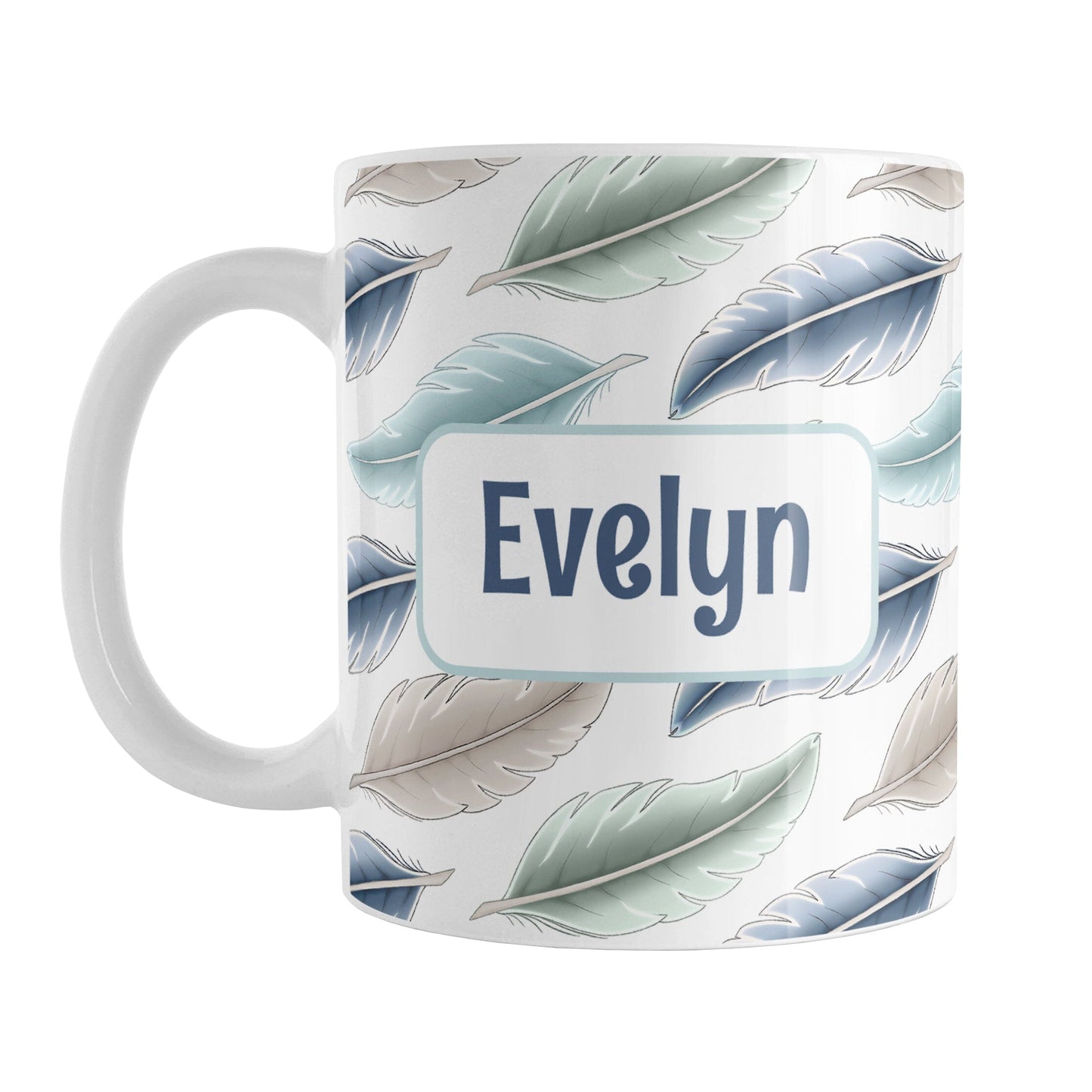 Personalized Coastal Feathers Mug (11oz) at Amy's Coffee Mugs. A ceramic coffee mug designed with a pattern of feathers in a coastal color scheme that wraps around the mug to the handle. Your personalized name is custom printed in a navy blue font on both sides of the mug over the feathers pattern.