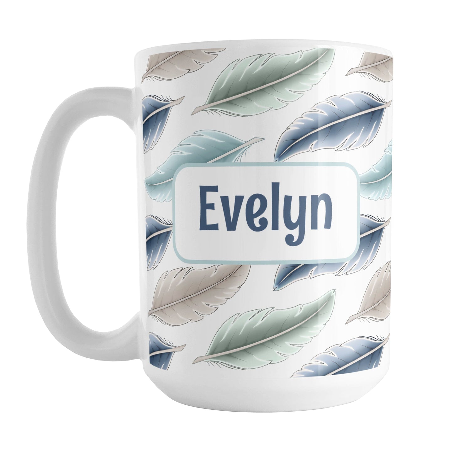 Personalized Coastal Feathers Mug (15oz) at Amy's Coffee Mugs. A ceramic coffee mug designed with a pattern of feathers in a coastal color scheme that wraps around the mug to the handle. Your personalized name is custom printed in a navy blue font on both sides of the mug over the feathers pattern.