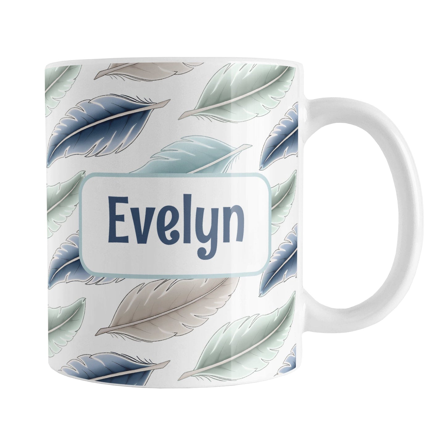 Personalized Coastal Feathers Mug (11oz) at Amy's Coffee Mugs. A ceramic coffee mug designed with a pattern of feathers in a coastal color scheme that wraps around the mug to the handle. Your personalized name is custom printed in a navy blue font on both sides of the mug over the feathers pattern.