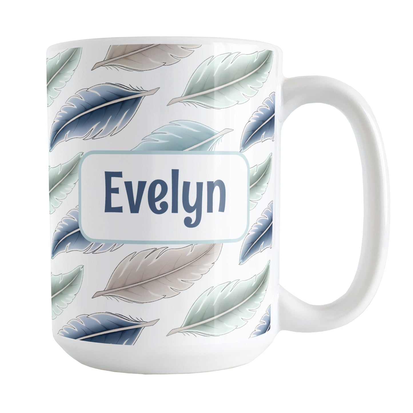 Personalized Coastal Feathers Mug (15oz) at Amy's Coffee Mugs. A ceramic coffee mug designed with a pattern of feathers in a coastal color scheme that wraps around the mug to the handle. Your personalized name is custom printed in a navy blue font on both sides of the mug over the feathers pattern.