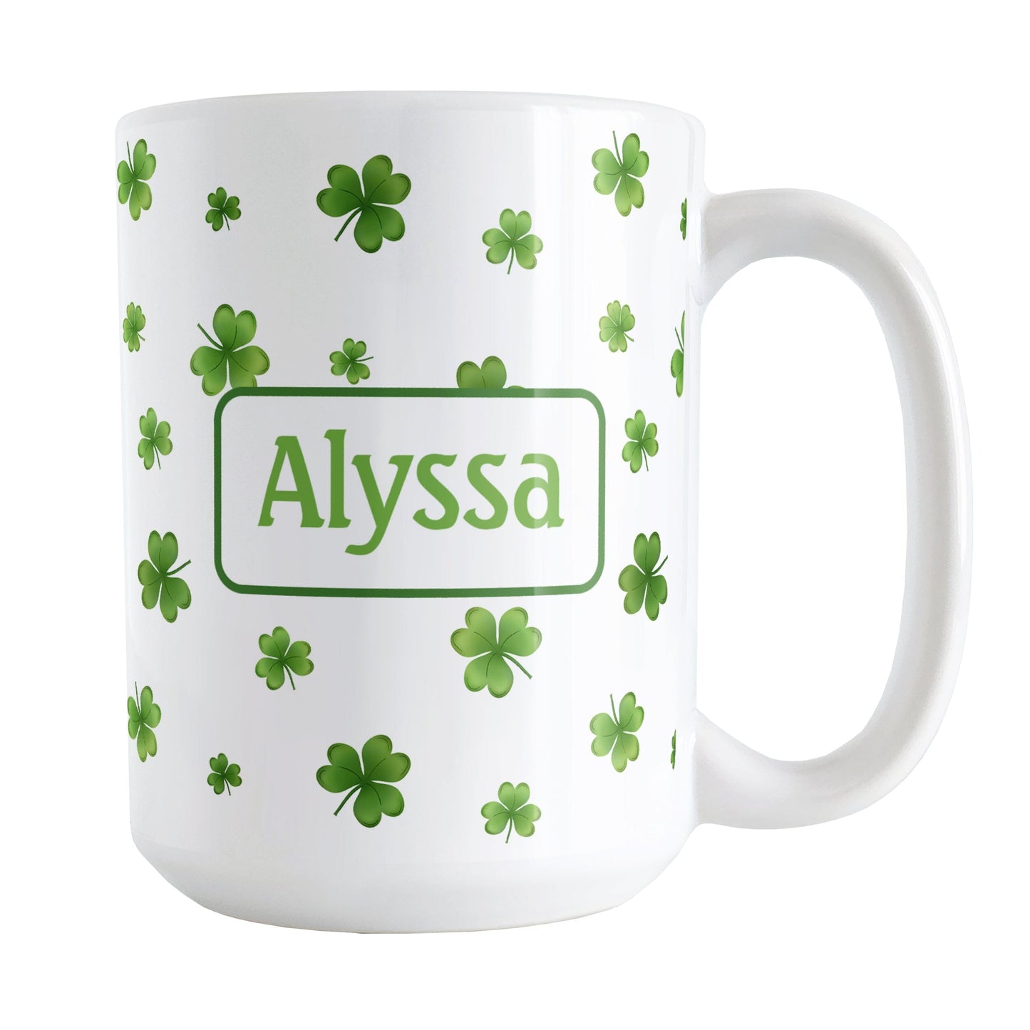 Personalized Dainty Shamrocks and Clovers Mug (15oz) at Amy's Coffee Mugs. A ceramic coffee mug designed with a print of hand-drawn green shamrocks and 4-leaf clovers in a dainty minimalist pattern that wraps around the mug up to the handle. Your personalized name is custom-printed on both sides of the mug in green.
