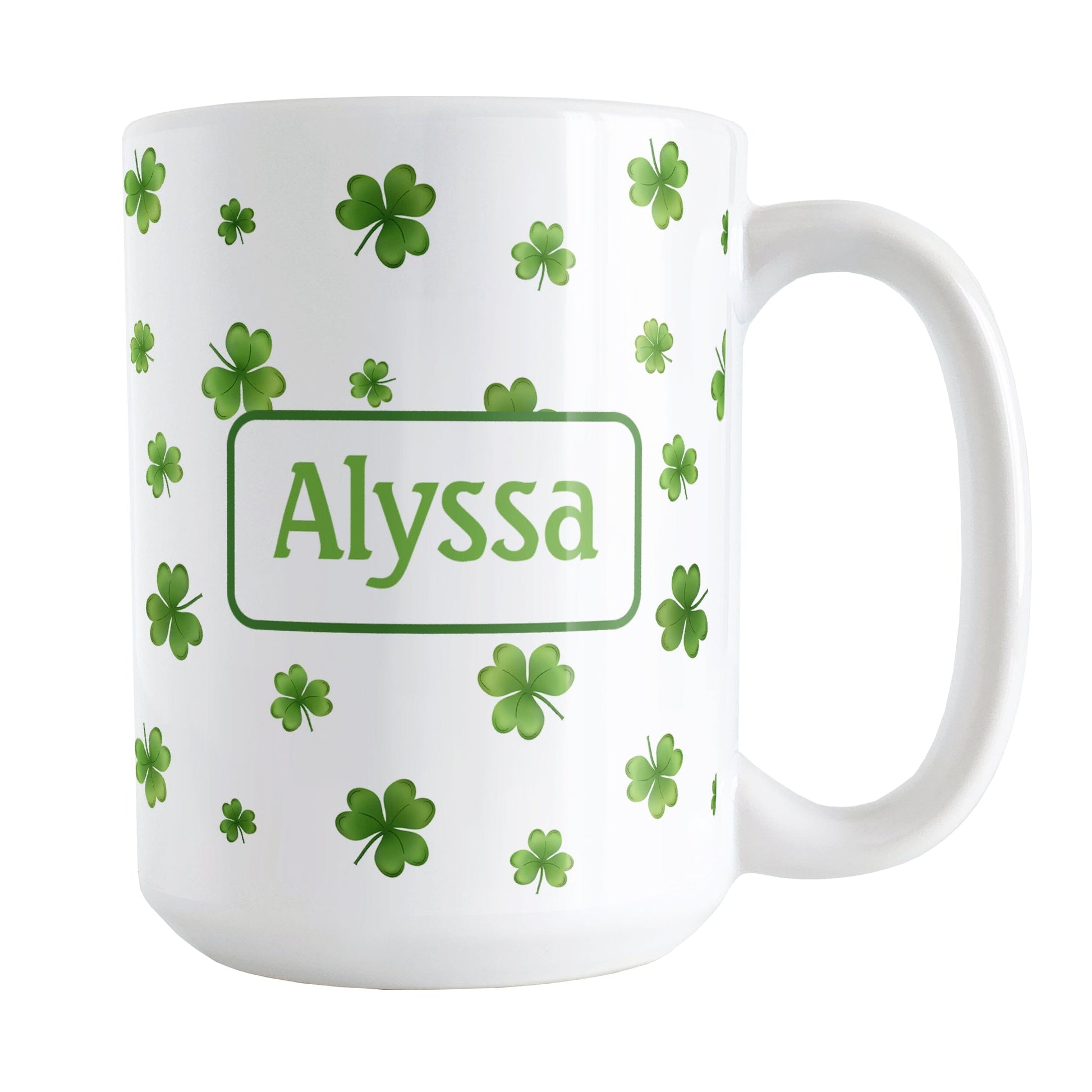 Personalized Dainty Shamrocks and Clovers Mug (15oz) at Amy's Coffee Mugs. A ceramic coffee mug designed with a print of hand-drawn green shamrocks and 4-leaf clovers in a dainty minimalist pattern that wraps around the mug up to the handle. Your personalized name is custom-printed on both sides of the mug in green.