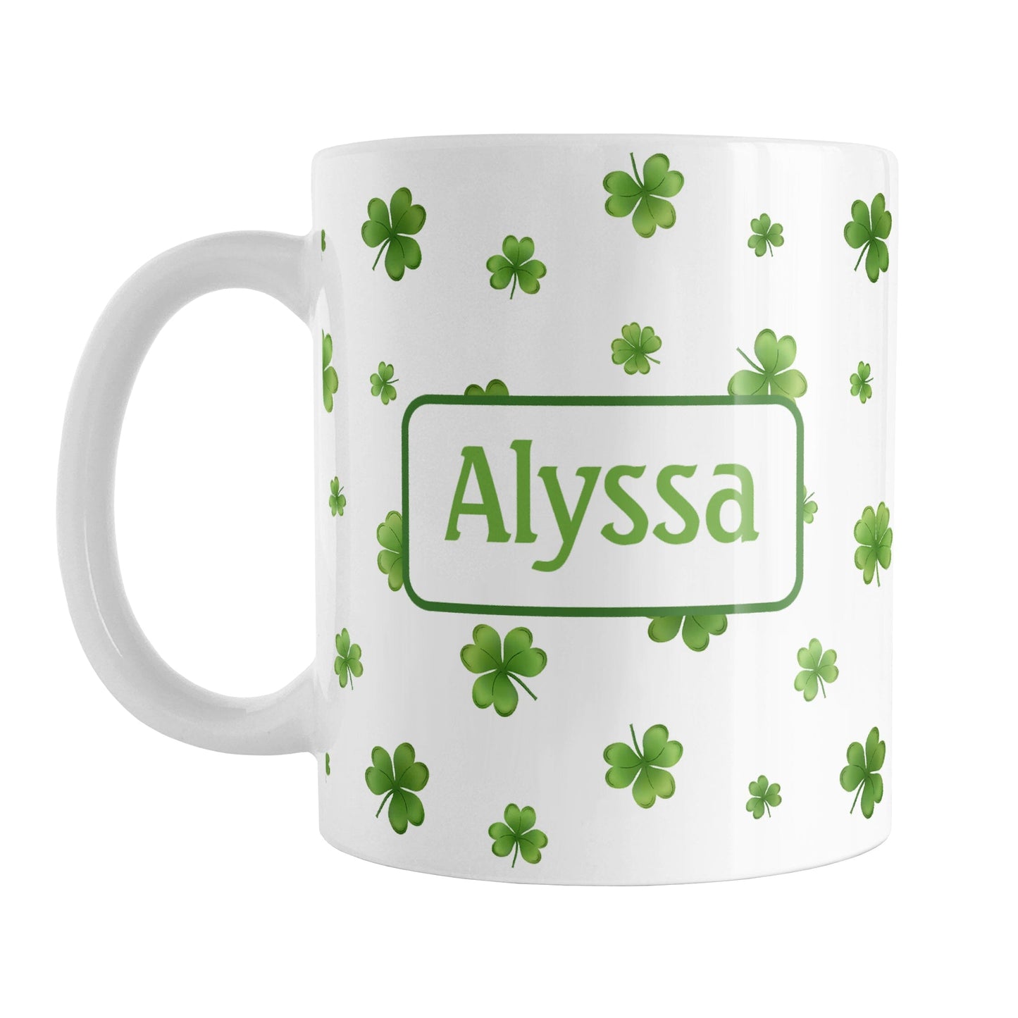 Personalized Dainty Shamrocks and Clovers Mug (11oz) at Amy's Coffee Mugs. A ceramic coffee mug designed with a print of hand-drawn green shamrocks and 4-leaf clovers in a dainty minimalist pattern that wraps around the mug up to the handle. Your personalized name is custom-printed on both sides of the mug in green.