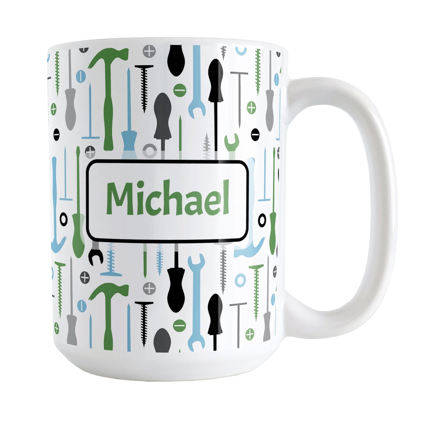 Personalized Green Blue Tools Pattern Mug (15oz) at Amy's Coffee Mugs. A ceramic coffee mug with a modern style pattern of tools in green, blue, black, and gray over white that wraps around the mug to the handle. Perfect for any handyman or contractor. Your name is printed in a green font on both sides of the mug over the tools pattern.