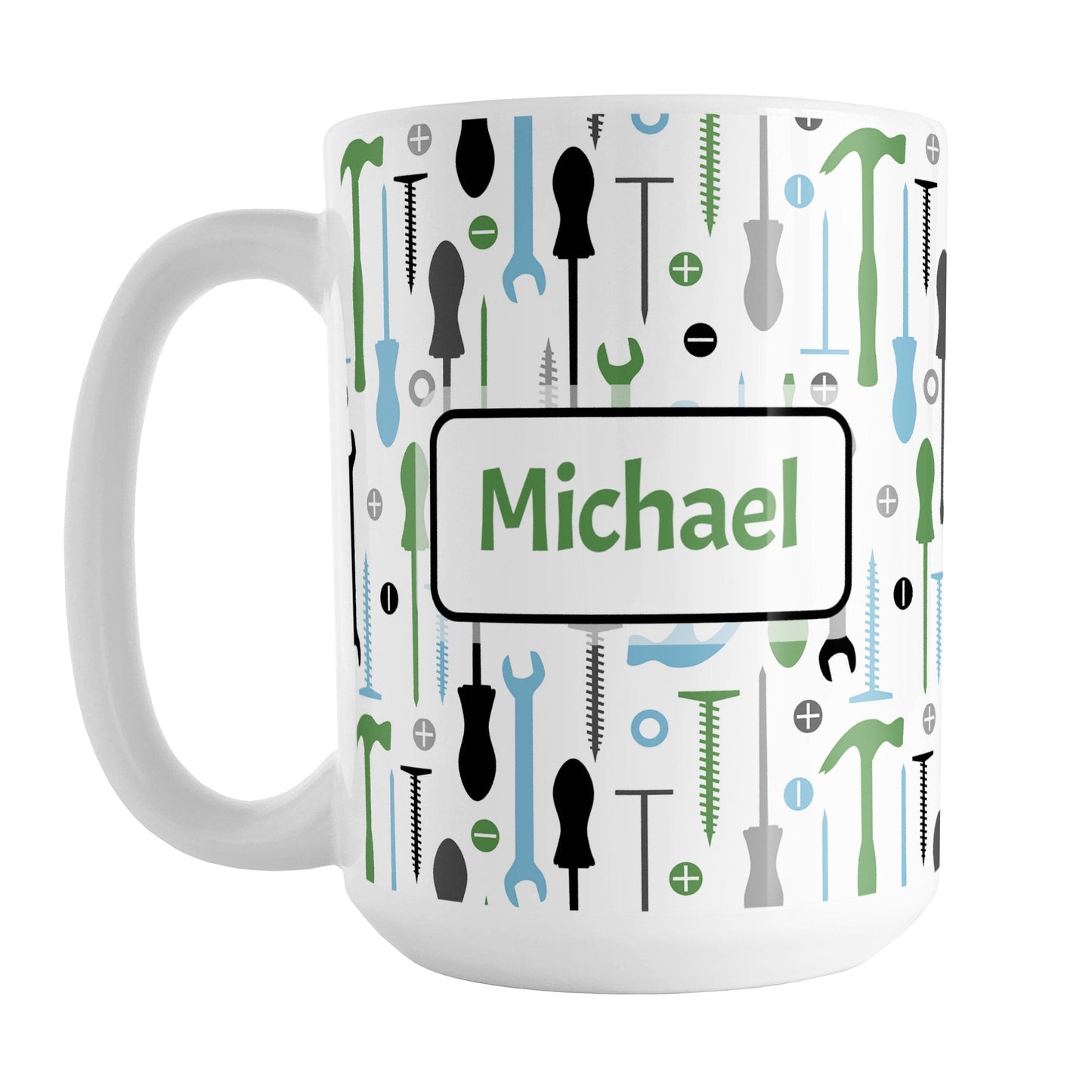 Personalized Green Blue Tools Pattern Mug (15oz) at Amy's Coffee Mugs. A ceramic coffee mug with a modern style pattern of tools in green, blue, black, and gray over white that wraps around the mug to the handle. Perfect for any handyman or contractor. Your name is printed in a green font on both sides of the mug over the tools pattern.