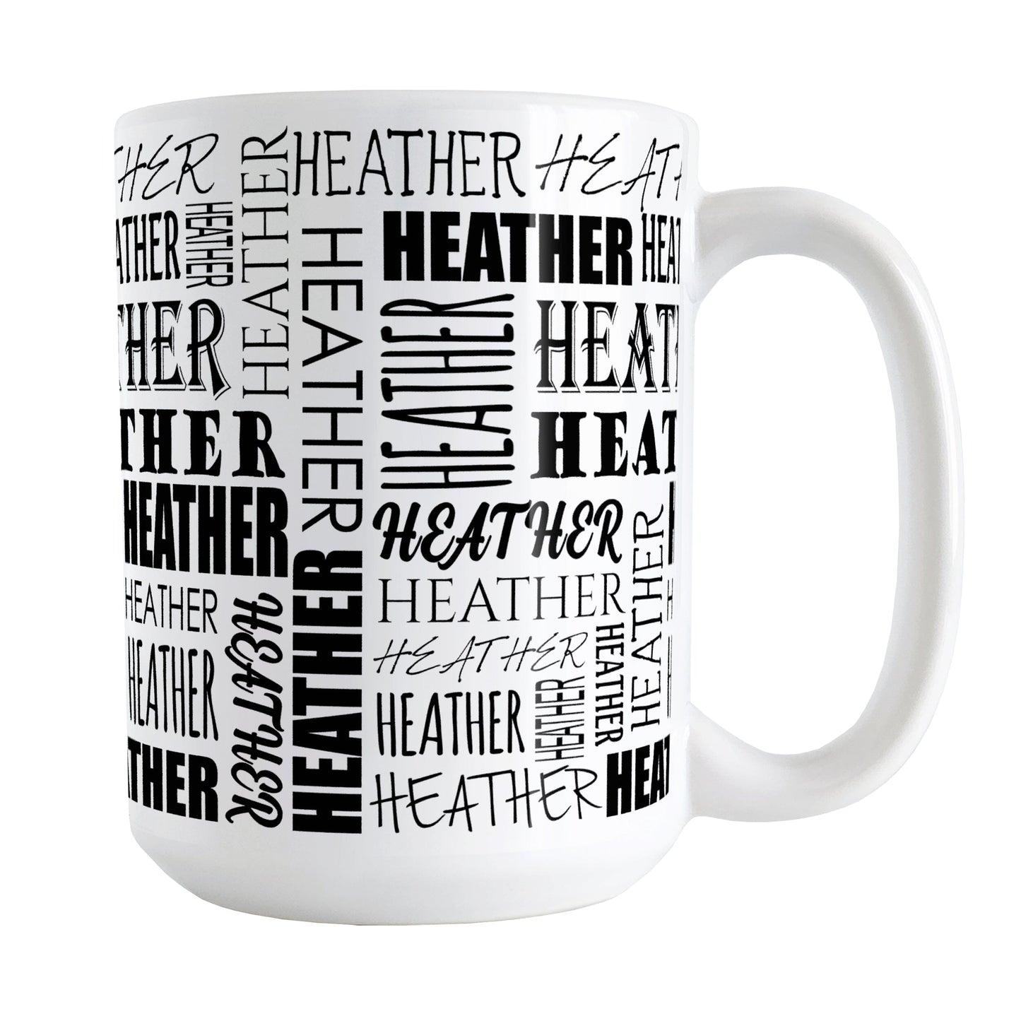 Personalized Name Collage Mug (15oz) at Amy's Coffee Mugs. A ceramic coffee mug designed with your personalized medium-length name in different fonts, running both horizontally and vertically in black, in a pattern that wraps around the mug up to the handle.