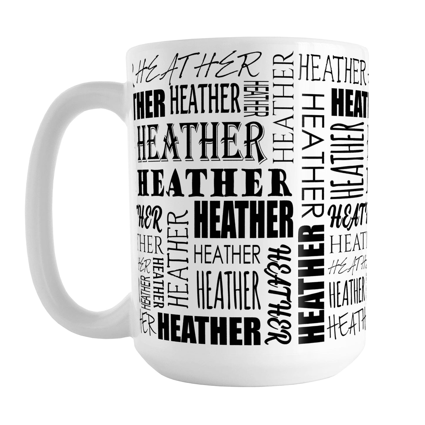 Personalized Name Collage Mug (15oz) at Amy's Coffee Mugs. A ceramic coffee mug designed with your personalized medium-length name in different fonts, running both horizontally and vertically in black, in a pattern that wraps around the mug up to the handle.