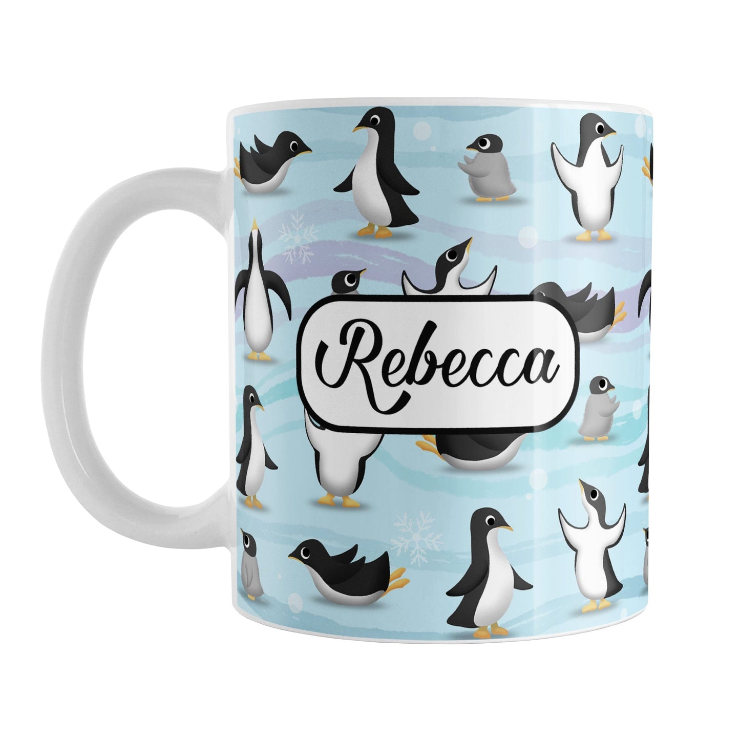 Personalized Penguin Parade Pattern Mug (11oz) at Amy's Coffee Mugs. A ceramic coffee mug designed with a fun penguin parade pattern featuring a variety of penguins and baby penguins over an Antarctic background with waves of blue, turquoise, and purple colors with hints of snowflakes that wraps around the mug. Your name is personalized in a black script font on both sides of the mug over the cute penguin pattern.