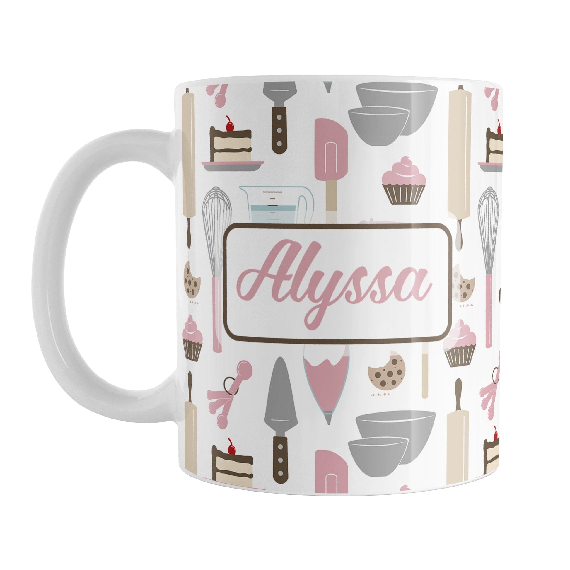 Personalized Pink Baking Pattern Mug (11oz) at Amy's Coffee Mugs. A ceramic coffee mug designed with a pattern of baking tools like spatulas, whisks, mixers, bowls, and spoons, with cookies, cupcakes, and cake all in a pink, gray, brown, and beige color scheme that wraps around the mug. Your name is printed in a pink script font on both sides of the mug over the cute baking pattern.
