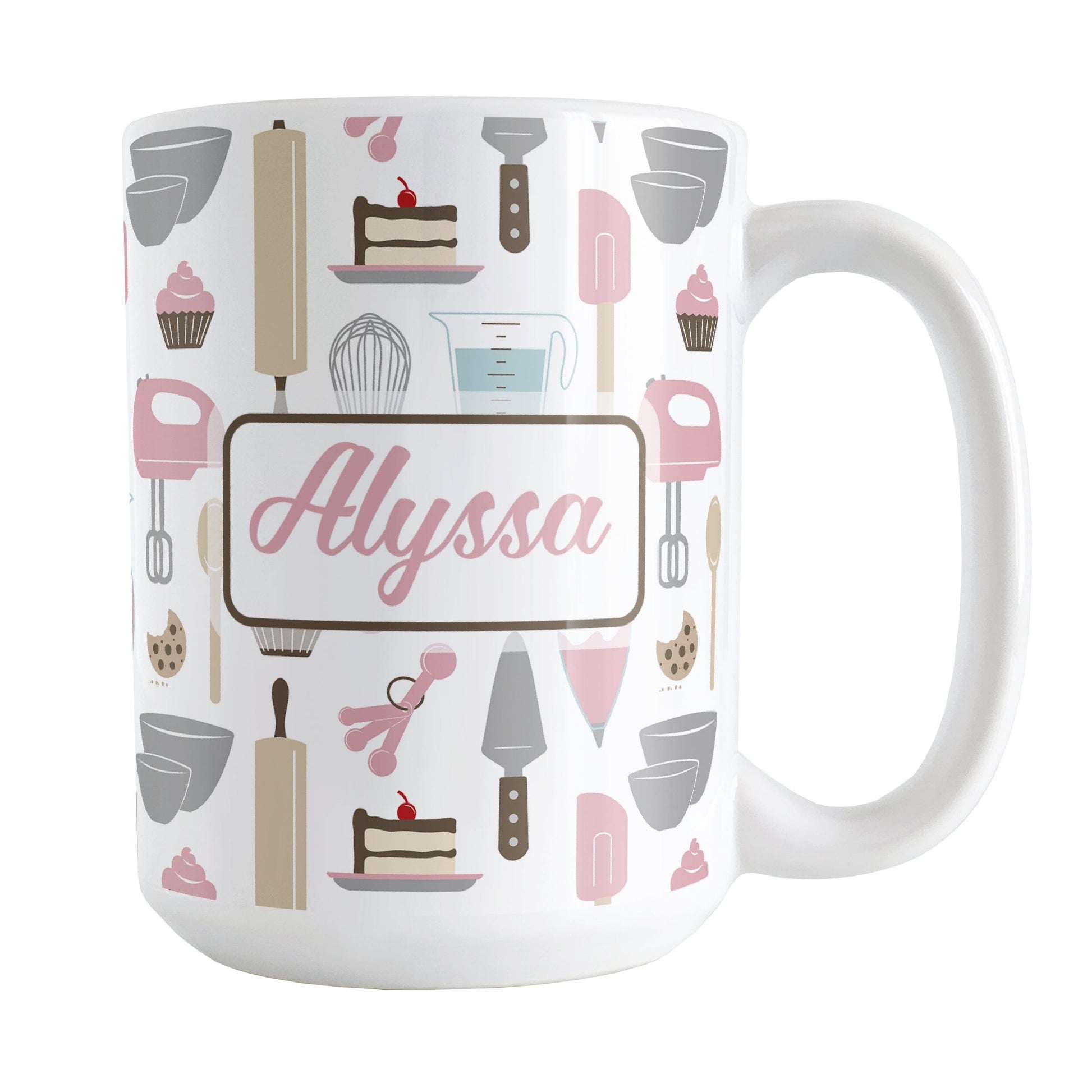 Personalized Pink Baking Pattern Mug (15oz) at Amy's Coffee Mugs. A ceramic coffee mug designed with a pattern of baking tools like spatulas, whisks, mixers, bowls, and spoons, with cookies, cupcakes, and cake all in a pink, gray, brown, and beige color scheme that wraps around the mug. Your name is printed in a pink script font on both sides of the mug over the cute baking pattern.