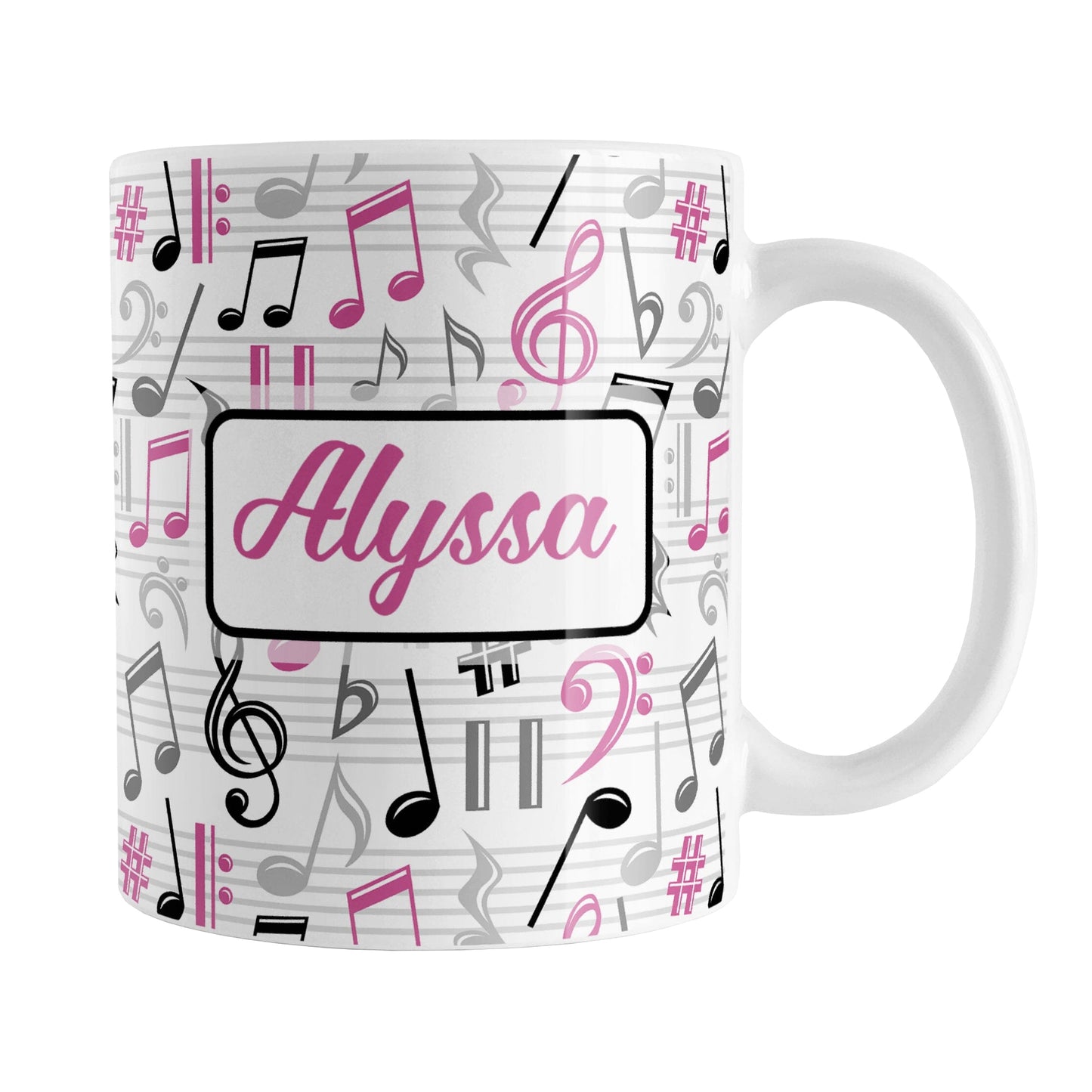 Personalized Pink Music Notes Pattern Mug (11oz) at Amy's Coffee Mugs. A ceramic coffee mug designed with music notes and symbols in pink, black, and gray in a pattern that wraps around the mug to the handle. Your personalized name is custom printed in a pink script font on white over the music pattern design on both sides of the mug.