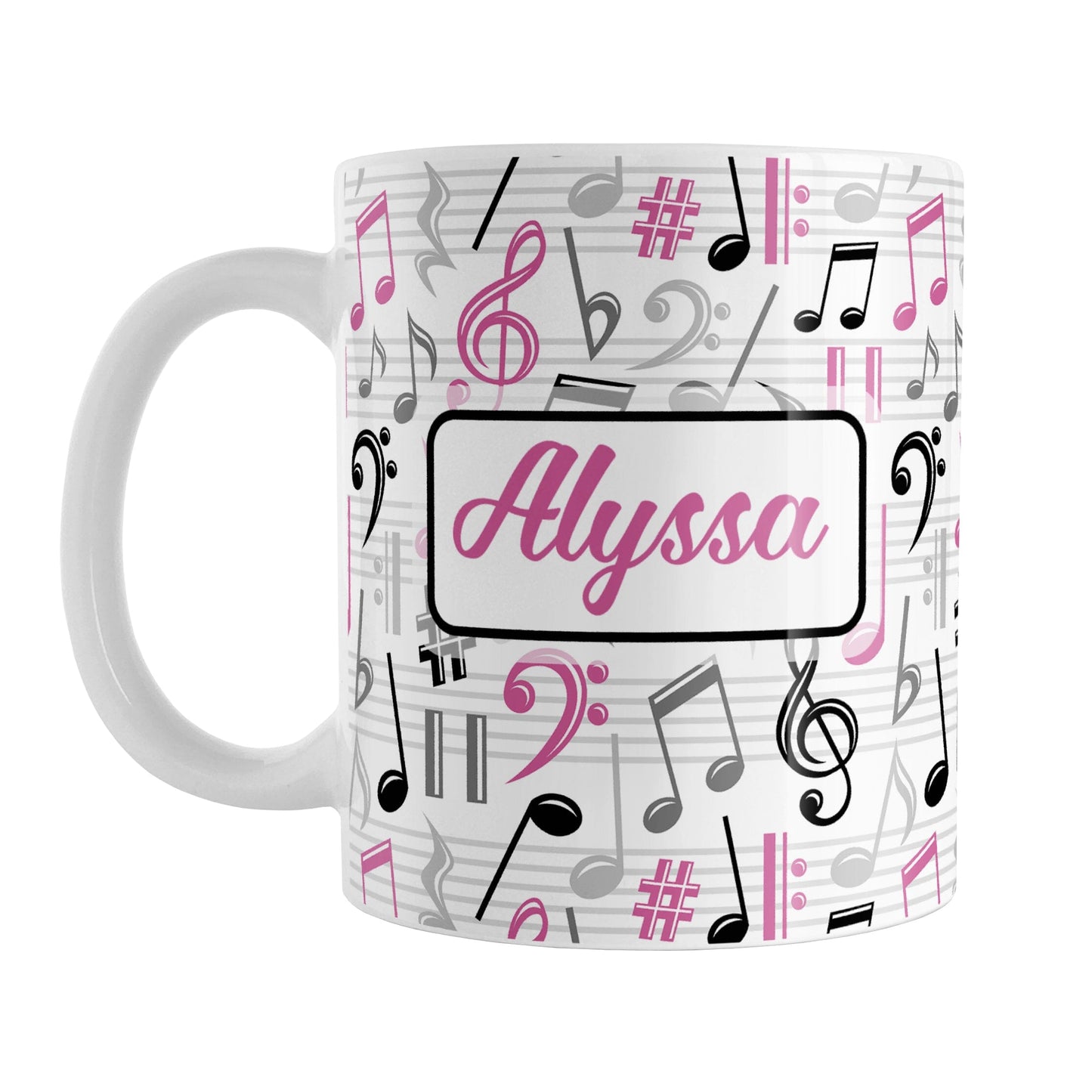 Personalized Pink Music Notes Pattern Mug (11oz) at Amy's Coffee Mugs. A ceramic coffee mug designed with music notes and symbols in pink, black, and gray in a pattern that wraps around the mug to the handle. Your personalized name is custom printed in a pink script font on white over the music pattern design on both sides of the mug.
