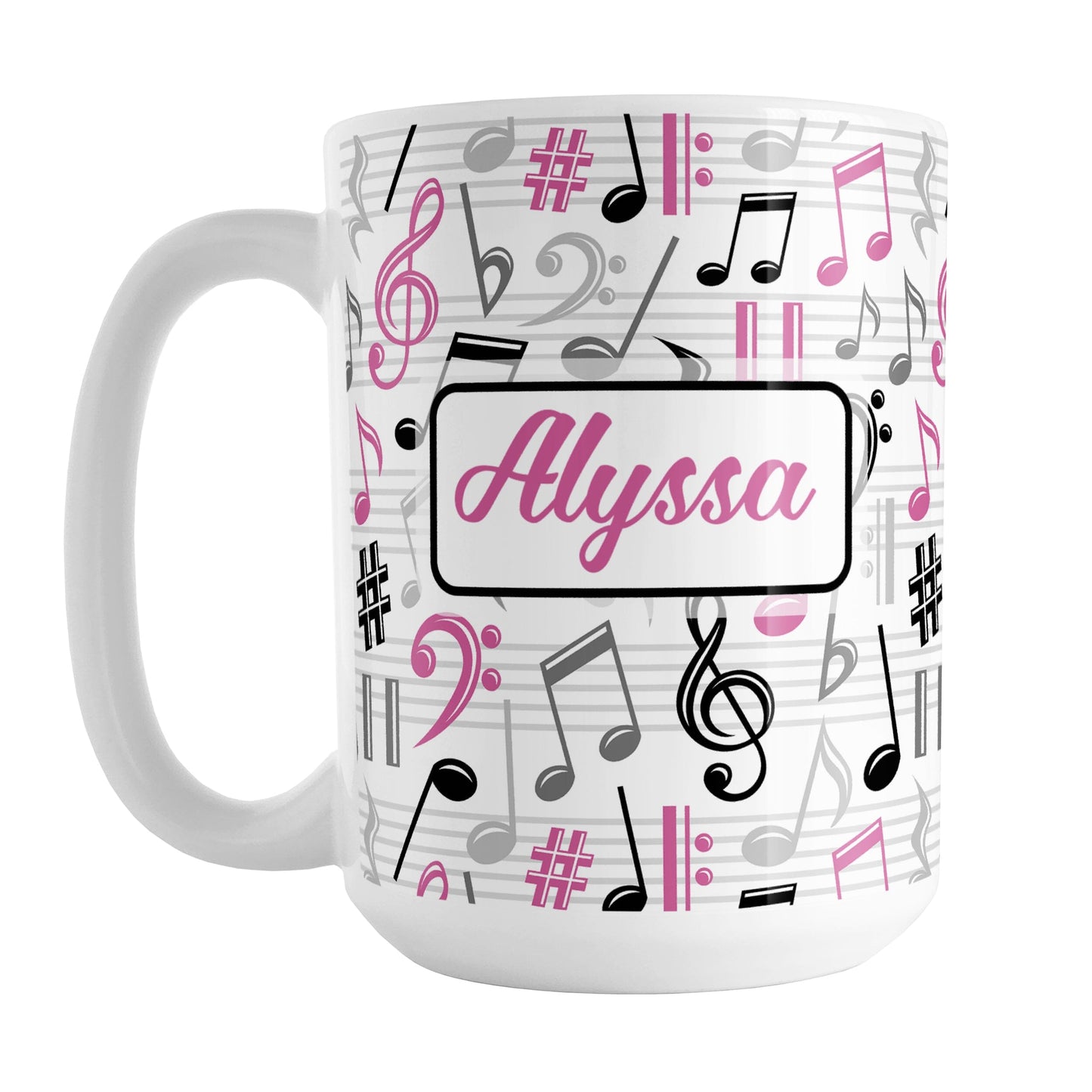 Personalized Pink Music Notes Pattern Mug (15oz) at Amy's Coffee Mugs. A ceramic coffee mug designed with music notes and symbols in pink, black, and gray in a pattern that wraps around the mug to the handle. Your personalized name is custom printed in a pink script font on white over the music pattern design on both sides of the mug.