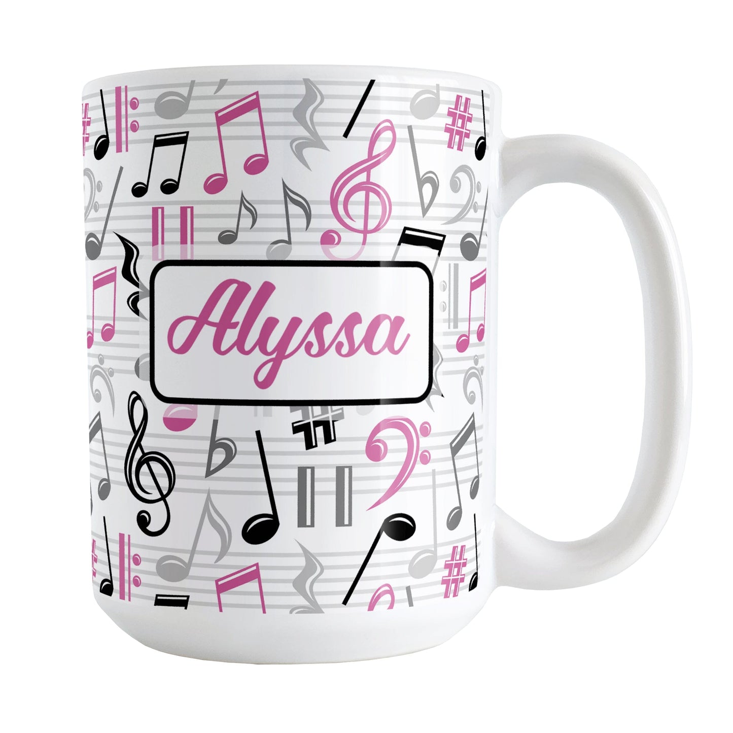 Personalized Pink Music Notes Pattern Mug (15oz) at Amy's Coffee Mugs. A ceramic coffee mug designed with music notes and symbols in pink, black, and gray in a pattern that wraps around the mug to the handle. Your personalized name is custom printed in a pink script font on white over the music pattern design on both sides of the mug.