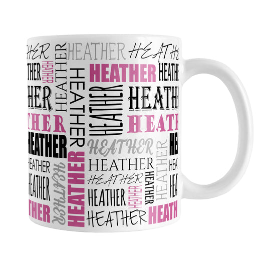 Personalized Pink Name Collage Mug (11oz) at Amy's Coffee Mugs. A ceramic coffee mug designed with your personalized medium-length name in different fonts, running both horizontally and vertically in pink, black, and gray, in a pattern that wraps around the mug up to the handle.