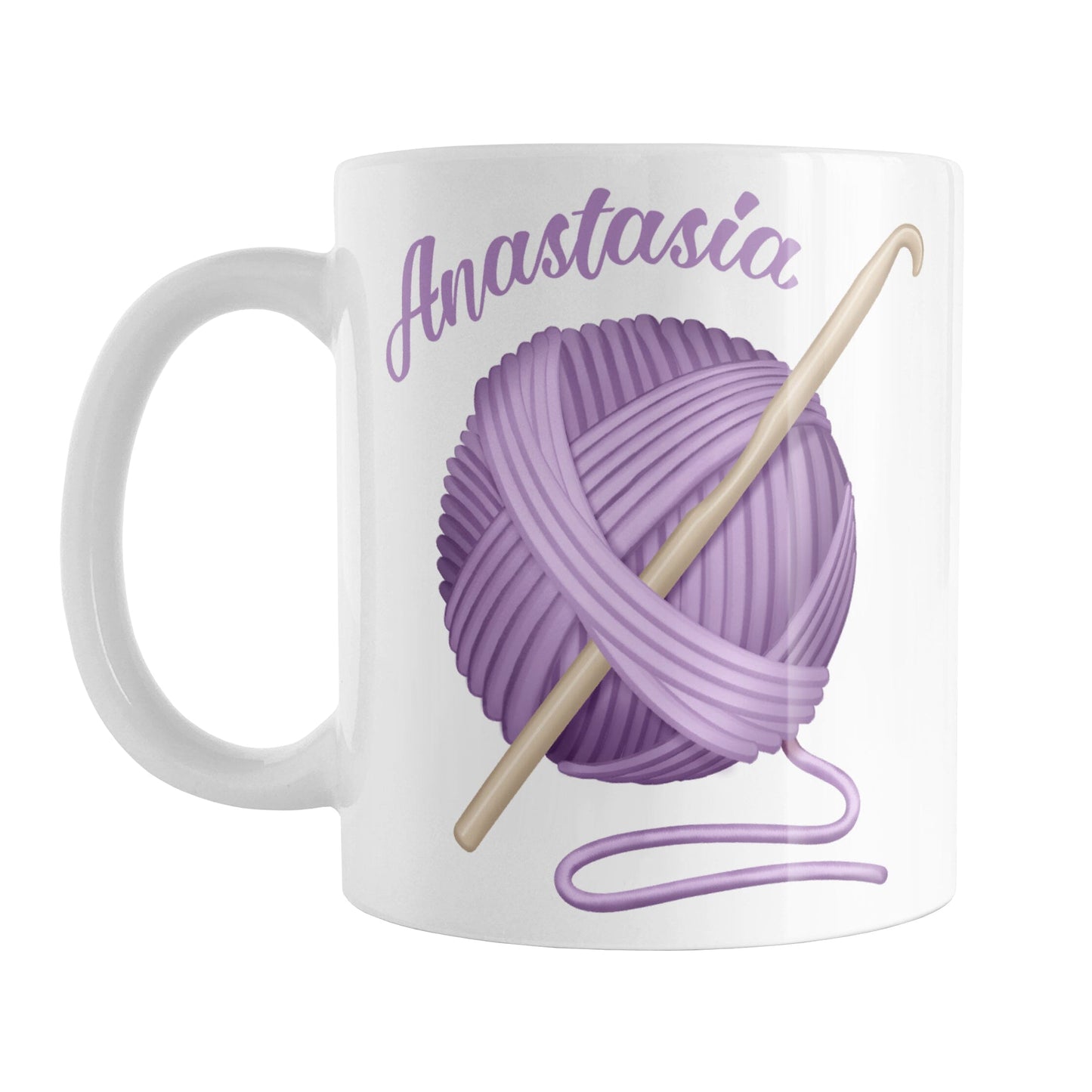 Personalized Purple Crochet Yarn Mug (11oz) at Amy's Coffee Mugs. A ceramic coffee mug designed with a large ball of purple yarn with a crochet hook through it. Your personalized name is printed in a purple script font curved along the top left edge of the ball of yarn.
