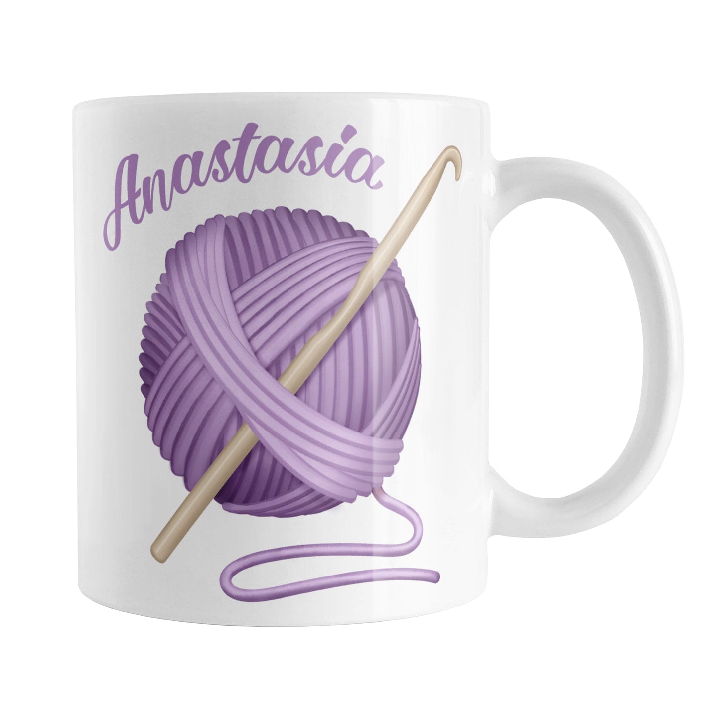 Personalized Purple Crochet Yarn Mug (11oz) at Amy's Coffee Mugs. A ceramic coffee mug designed with a large ball of purple yarn with a crochet hook through it. Your personalized name is printed in a purple script font curved along the top left edge of the ball of yarn.