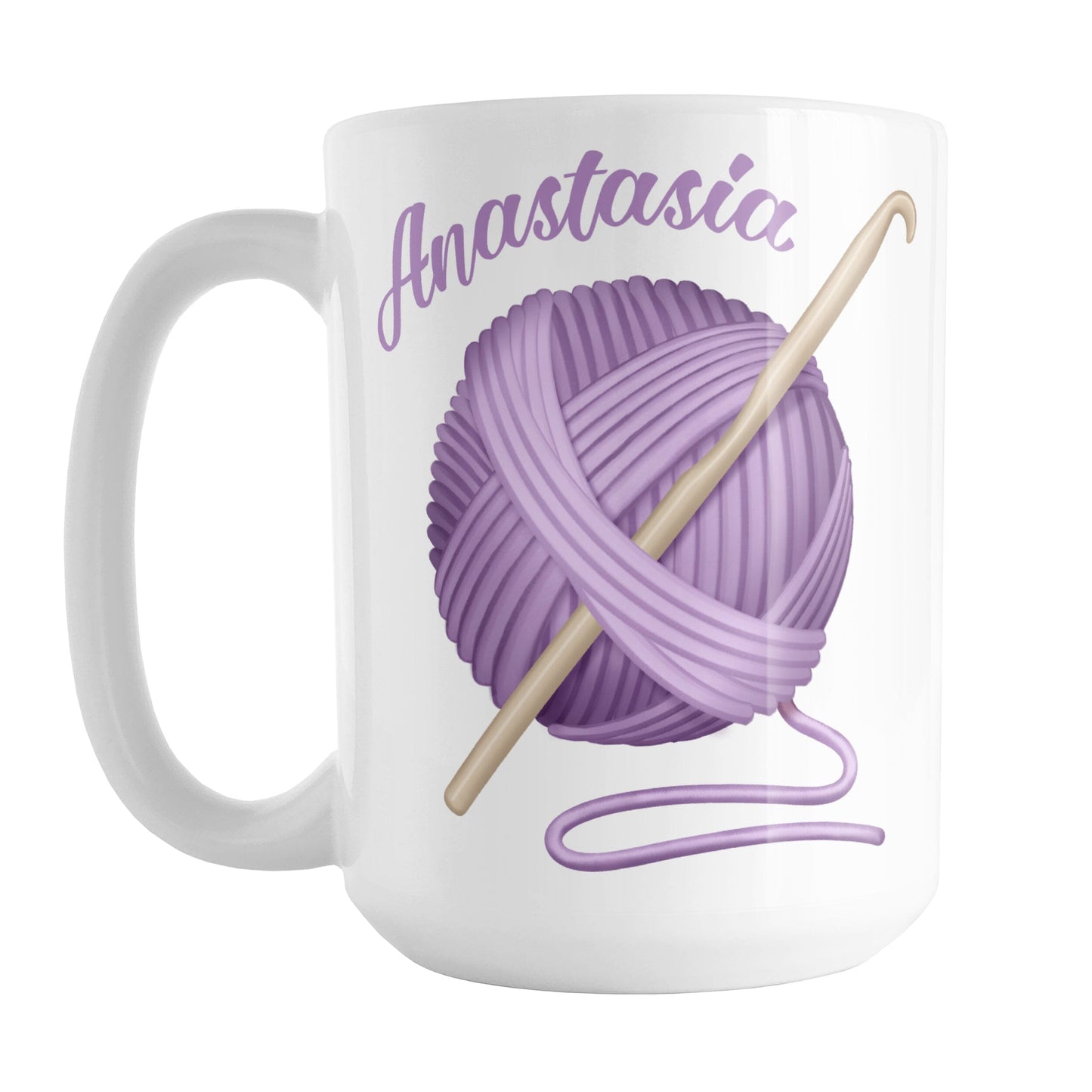 Personalized Purple Crochet Yarn Mug (15oz) at Amy's Coffee Mugs. A ceramic coffee mug designed with a large ball of purple yarn with a crochet hook through it. Your personalized name is printed in a purple script font curved along the top left edge of the ball of yarn.