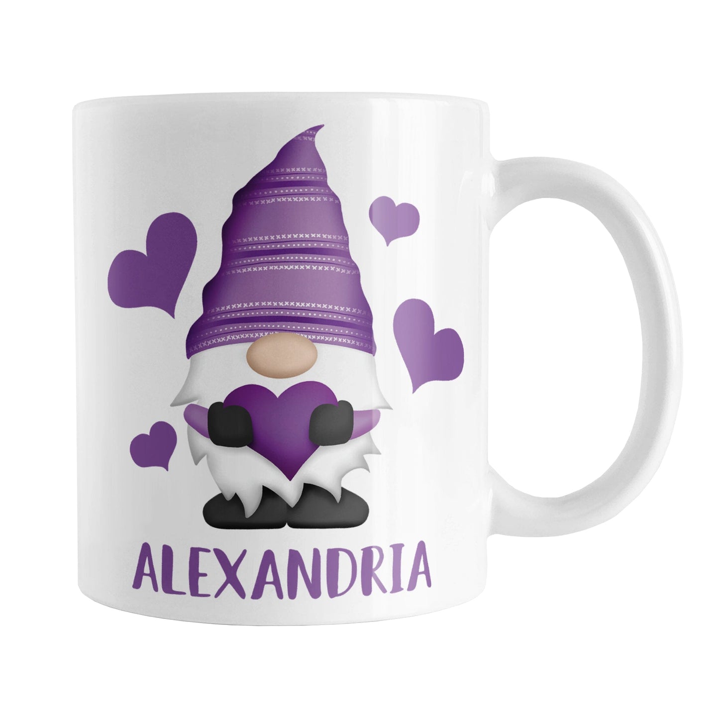 Personalized Purple Heart Gnome Mug (11oz) at Amy's Coffee Mugs. A ceramic coffee mug designed with an illustration of an adorable gnome with a purple pointed hat, holding a big purple heart, with bold purple hearts around it. Below the gnome is your personalized name custom printed in a cute purple font. This charming gnome and personalized name are printed on both sides of the mug.