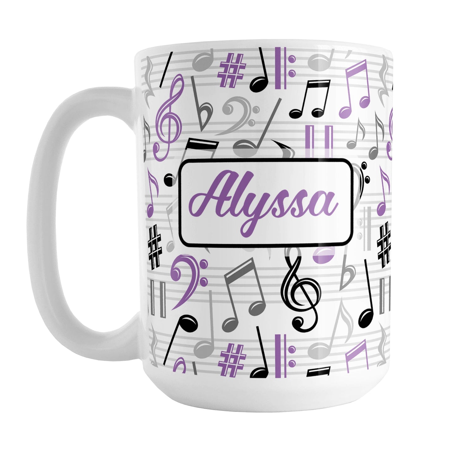 Personalized Purple Music Notes Pattern Mug (15oz) at Amy's Coffee Mugs. A ceramic coffee mug designed with music notes and symbols in purple, black, and gray in a pattern that wraps around the mug to the handle. Your personalized name is custom printed in a purple script font on white over the music pattern design on both sides of the mug.