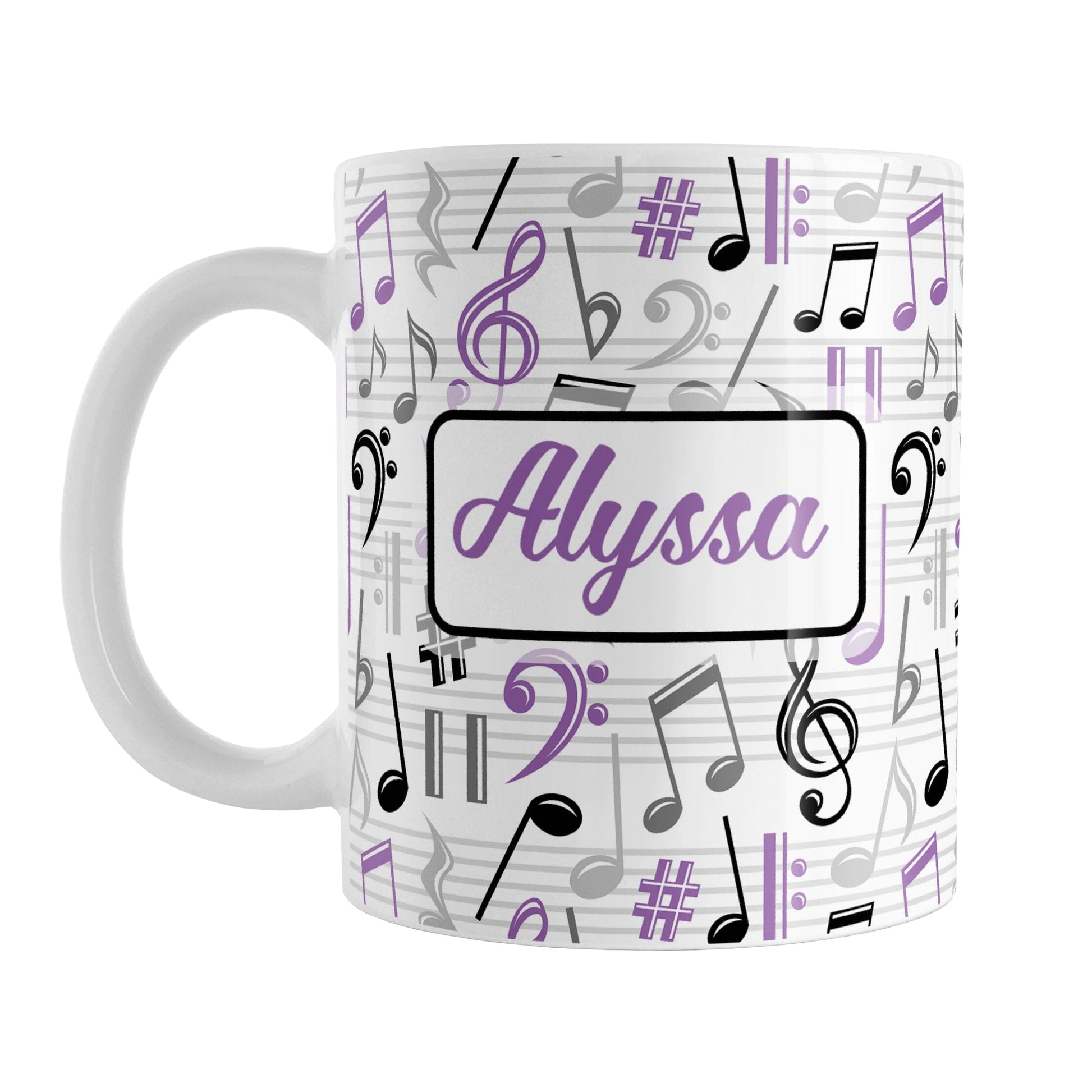 Personalized Purple Music Notes Pattern Mug (11oz) at Amy's Coffee Mugs. A ceramic coffee mug designed with music notes and symbols in purple, black, and gray in a pattern that wraps around the mug to the handle. Your personalized name is custom printed in a purple script font on white over the music pattern design on both sides of the mug.