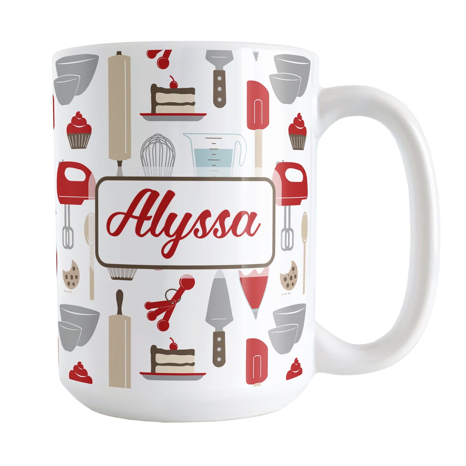 Personalized Red Baking Pattern Mug (15oz) at Amy's Coffee Mugs. A ceramic coffee mug designed with a pattern of baking tools like spatulas, whisks, mixers, bowls, and spoons, with cookies, cupcakes, and cake all in a red, gray, brown, and beige color scheme that wraps around the mug. Your name is printed in a red script font on both sides of the mug over the cute baking pattern.