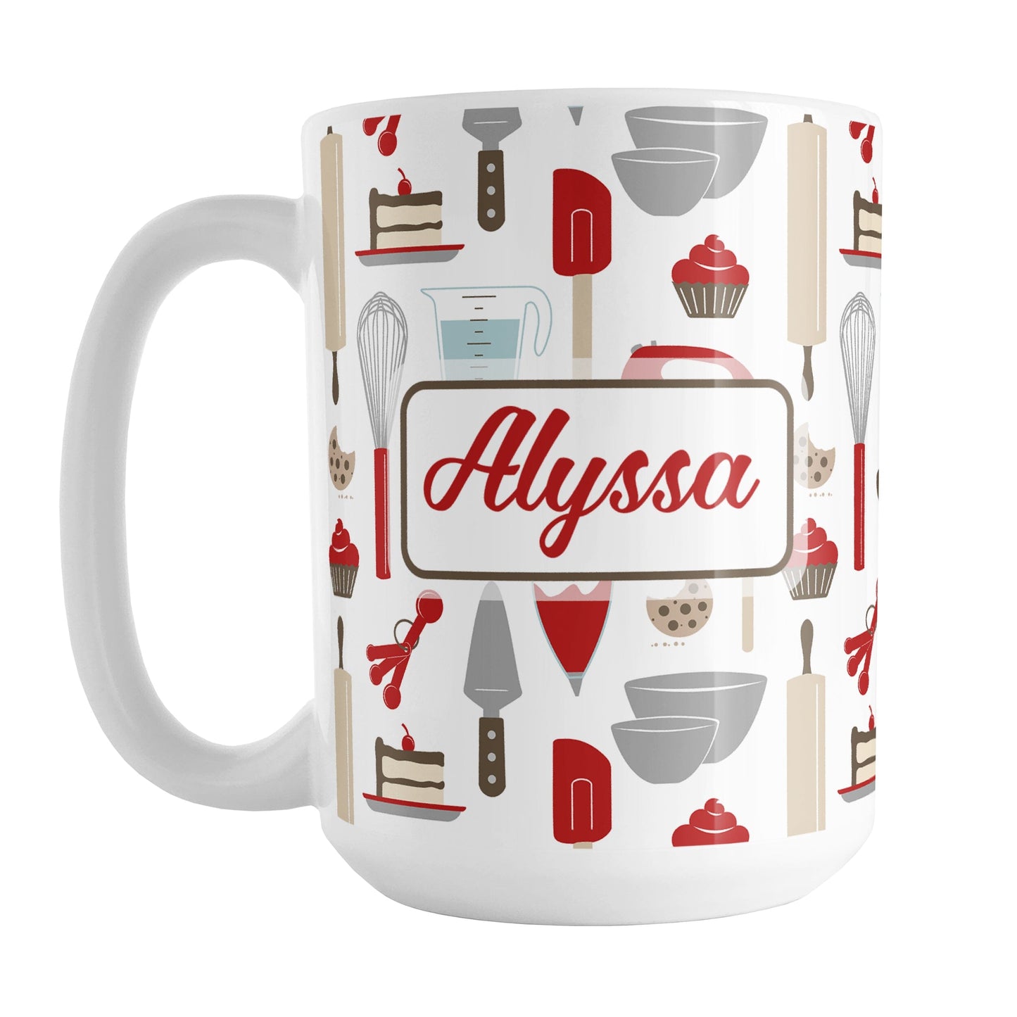 Personalized Red Baking Pattern Mug (15oz) at Amy's Coffee Mugs. A ceramic coffee mug designed with a pattern of baking tools like spatulas, whisks, mixers, bowls, and spoons, with cookies, cupcakes, and cake all in a red, gray, brown, and beige color scheme that wraps around the mug. Your name is printed in a red script font on both sides of the mug over the cute baking pattern.