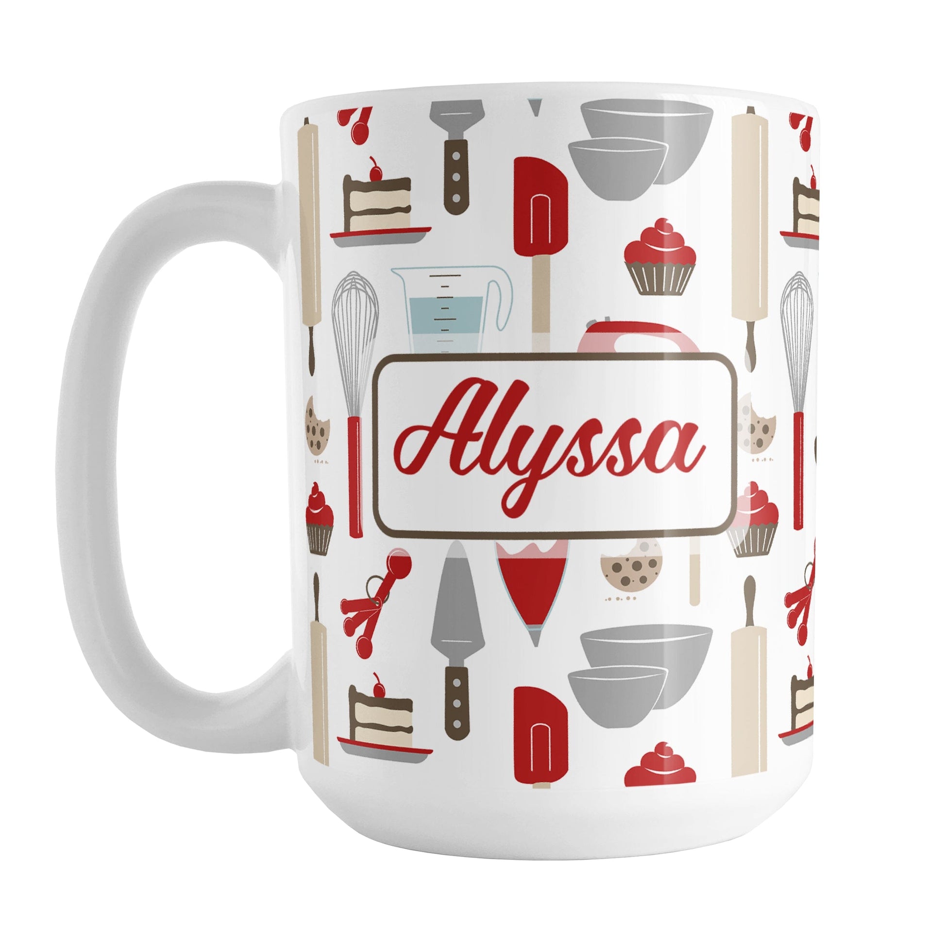 Personalized Red Baking Pattern Mug (15oz) at Amy's Coffee Mugs. A ceramic coffee mug designed with a pattern of baking tools like spatulas, whisks, mixers, bowls, and spoons, with cookies, cupcakes, and cake all in a red, gray, brown, and beige color scheme that wraps around the mug. Your name is printed in a red script font on both sides of the mug over the cute baking pattern.