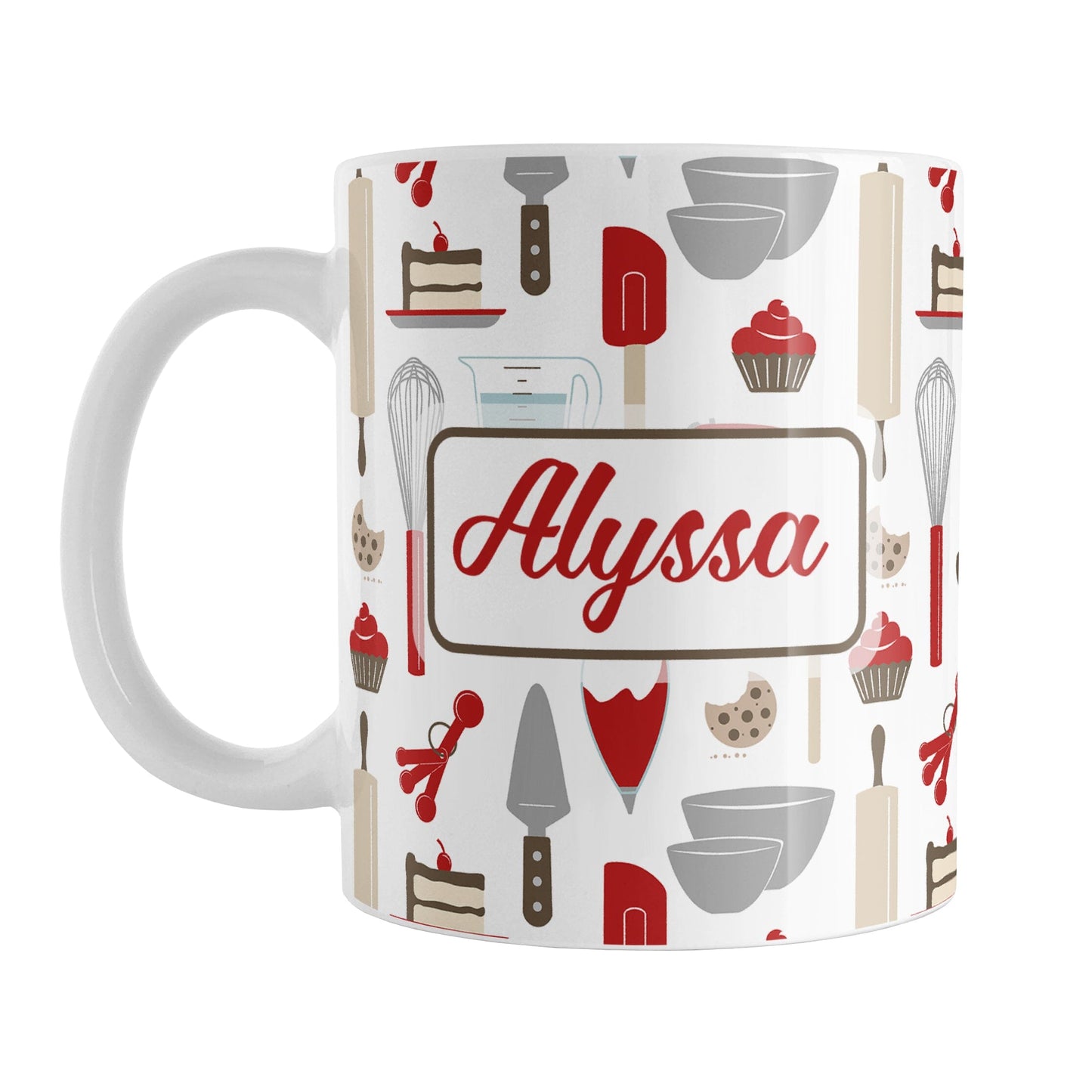 Personalized Red Baking Pattern Mug (11oz) at Amy's Coffee Mugs. A ceramic coffee mug designed with a pattern of baking tools like spatulas, whisks, mixers, bowls, and spoons, with cookies, cupcakes, and cake all in a red, gray, brown, and beige color scheme that wraps around the mug. Your name is printed in a red script font on both sides of the mug over the cute baking pattern.