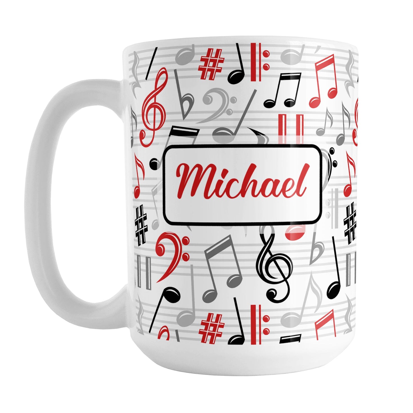 Personalized Red Music Notes Pattern Mug (15oz) at Amy's Coffee Mugs. A ceramic coffee mug designed with music notes and symbols in red, black, and gray in a pattern that wraps around the mug to the handle. Your personalized name is custom printed in a red script font on white over the music pattern design on both sides of the mug.