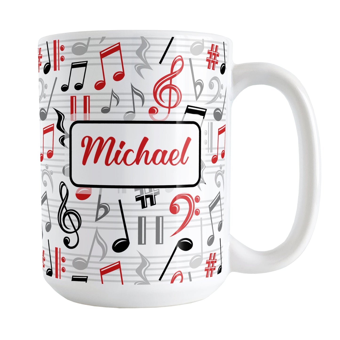 Personalized Red Music Notes Pattern Mug (15oz) at Amy's Coffee Mugs. A ceramic coffee mug designed with music notes and symbols in red, black, and gray in a pattern that wraps around the mug to the handle. Your personalized name is custom printed in a red script font on white over the music pattern design on both sides of the mug.
