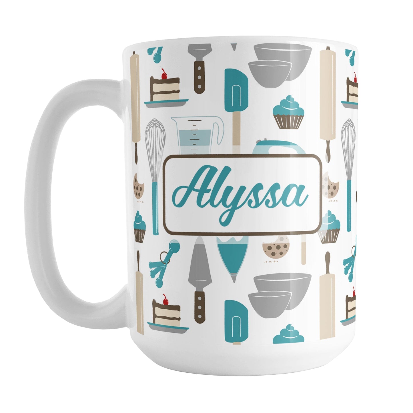 Personalized Turquoise Baking Pattern Mug (15oz) at Amy's Coffee Mugs. A ceramic coffee mug designed with a pattern of baking tools like spatulas, whisks, mixers, bowls, and spoons, with cookies, cupcakes, and cake all in a turquoise, gray, brown, and beige color scheme that wraps around the mug. Your name is printed in a turquoise script font on both sides of the mug over the baking pattern.