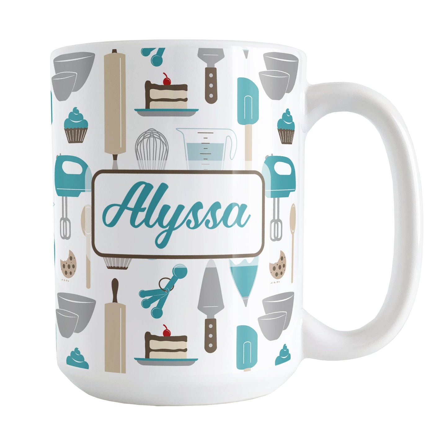 Personalized Turquoise Baking Pattern Mug (15oz) at Amy's Coffee Mugs. A ceramic coffee mug designed with a pattern of baking tools like spatulas, whisks, mixers, bowls, and spoons, with cookies, cupcakes, and cake all in a turquoise, gray, brown, and beige color scheme that wraps around the mug. Your name is printed in a turquoise script font on both sides of the mug over the baking pattern.