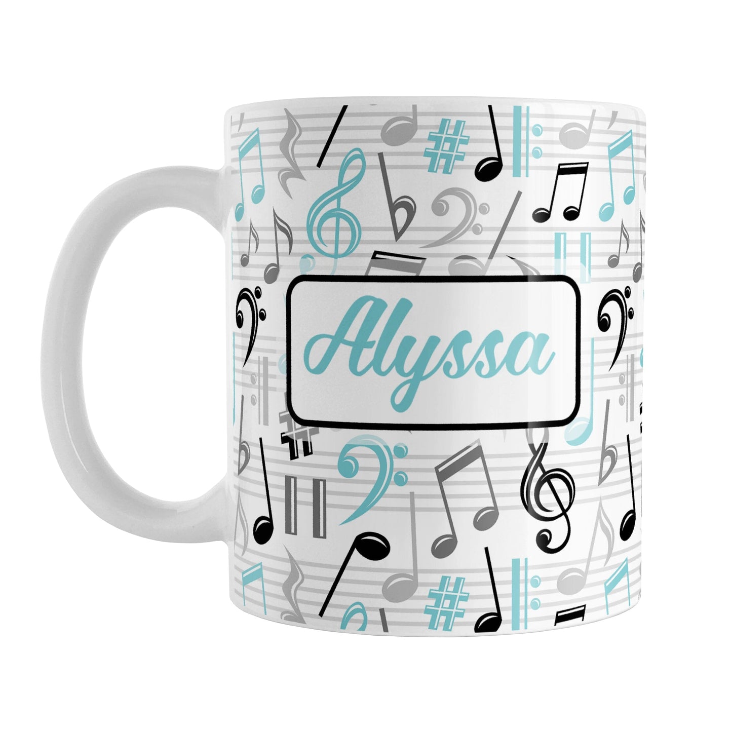 Personalized Turquoise Music Notes Pattern Mug (11oz) at Amy's Coffee Mugs. A ceramic coffee mug designed with music notes and symbols in turquoise, black, and gray in a pattern that wraps around the mug to the handle. Your personalized name is custom printed in a turquoise script font on white over the music pattern design on both sides of the mug.