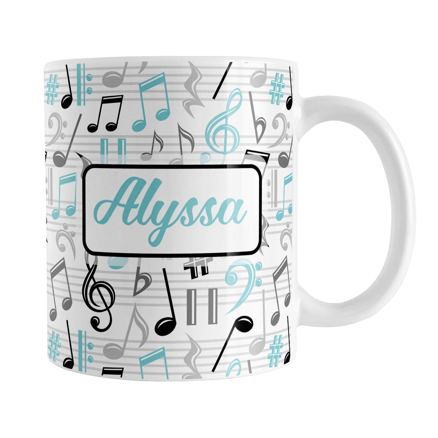 Personalized Turquoise Music Notes Pattern Mug (11oz) at Amy's Coffee Mugs. A ceramic coffee mug designed with music notes and symbols in turquoise, black, and gray in a pattern that wraps around the mug to the handle. Your personalized name is custom printed in a turquoise script font on white over the music pattern design on both sides of the mug.