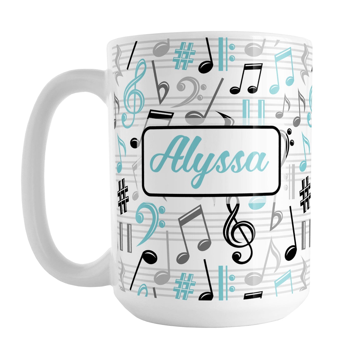 Personalized Turquoise Music Notes Pattern Mug (15oz) at Amy's Coffee Mugs. A ceramic coffee mug designed with music notes and symbols in turquoise, black, and gray in a pattern that wraps around the mug to the handle. Your personalized name is custom printed in a turquoise script font on white over the music pattern design on both sides of the mug.